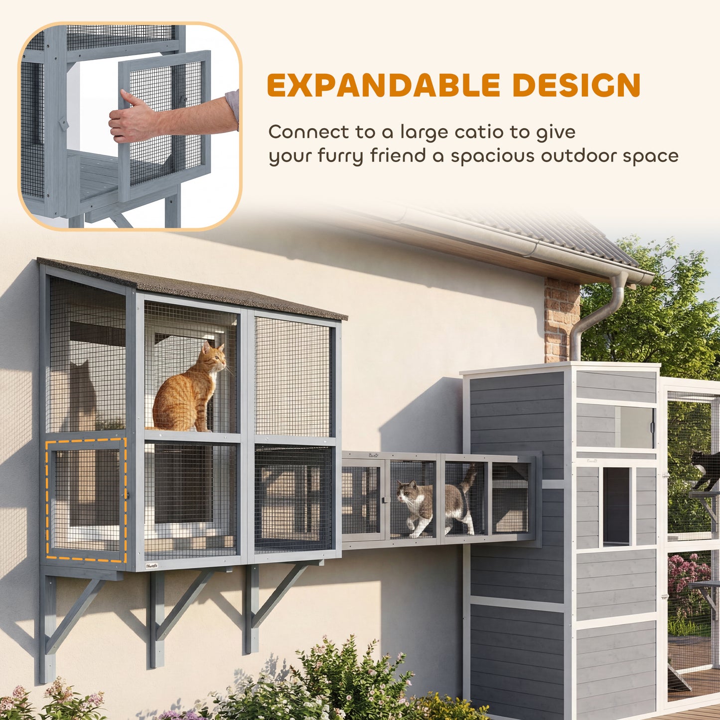 Catio Outdoor Cat Enclosure Wall-Mounted 2-Level Outdoor Cat House with Waterproof Roof 39.4" Grey