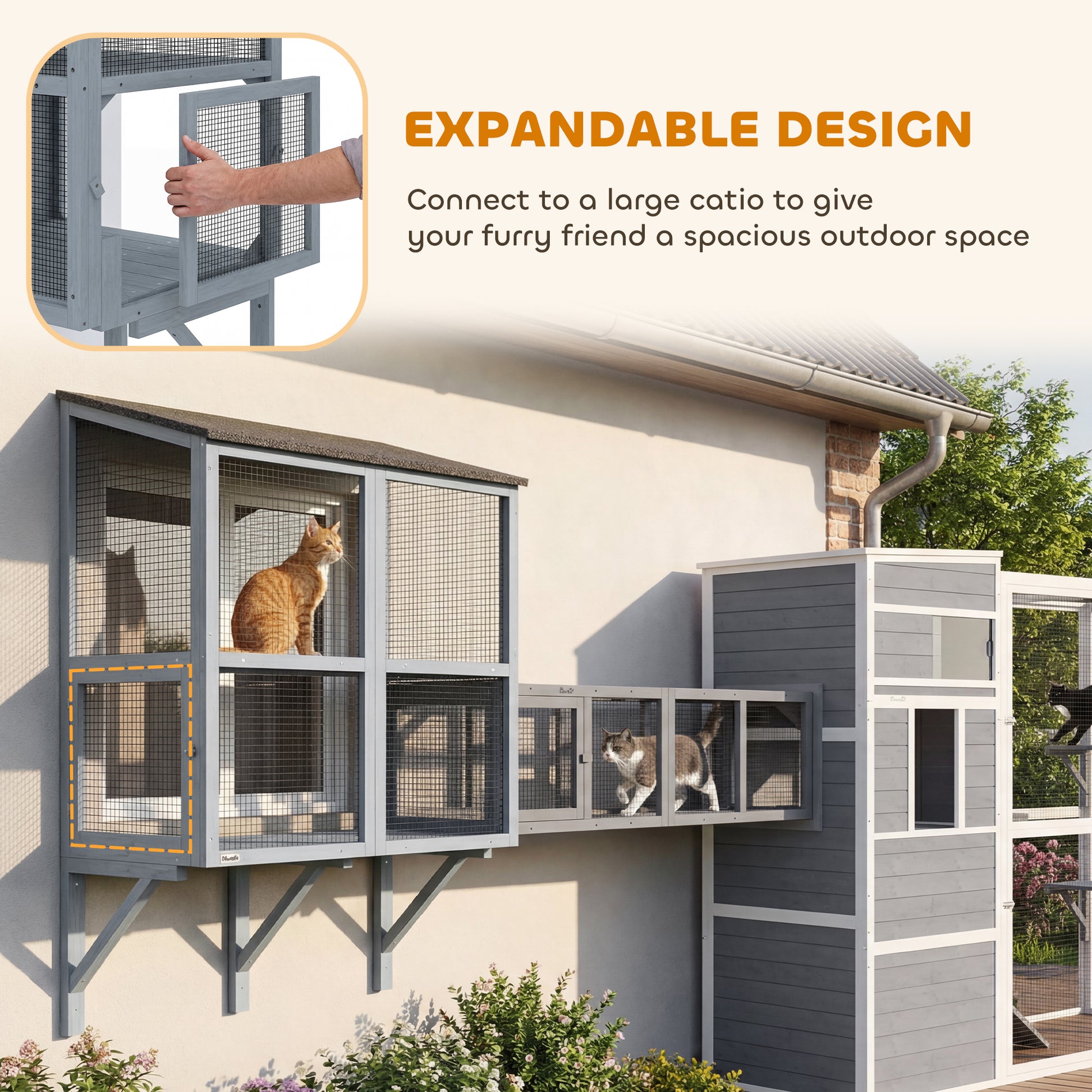 Catio Outdoor Cat Enclosure Wall-Mounted 2-Level Outdoor Cat House with Waterproof Roof 39.4" Grey