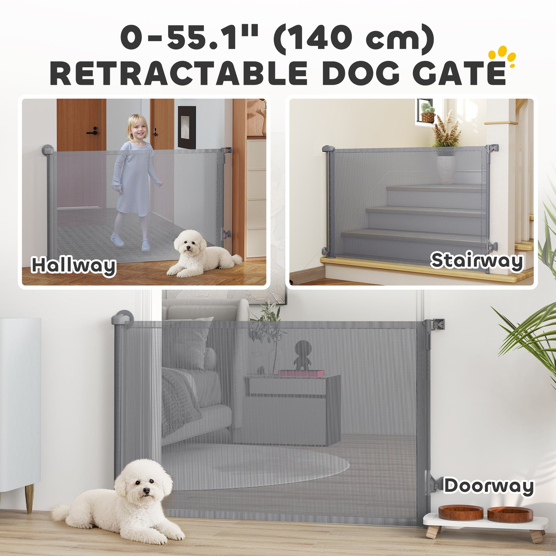 Retractable Dog Gate, 36.6" Tall, Extends to 55" Wide, Mesh Pet Gate with Single Hand Operation, for Stairs, Doorways