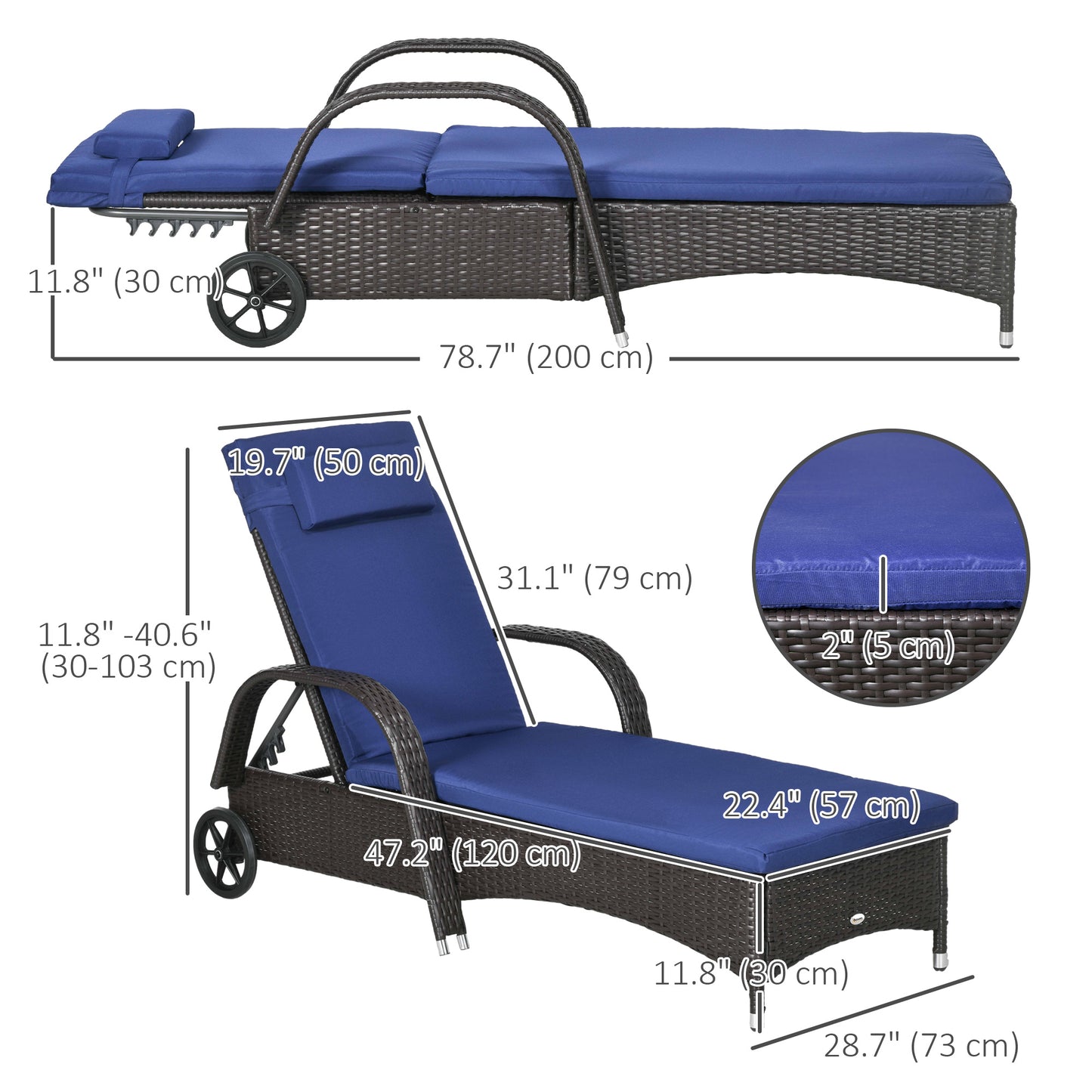 Outdoor Lounger, Deck Lounge Chair with Headrest, 5-Level Adjustable, Backrest, Wheels, Deep Coffee and Navy Blue