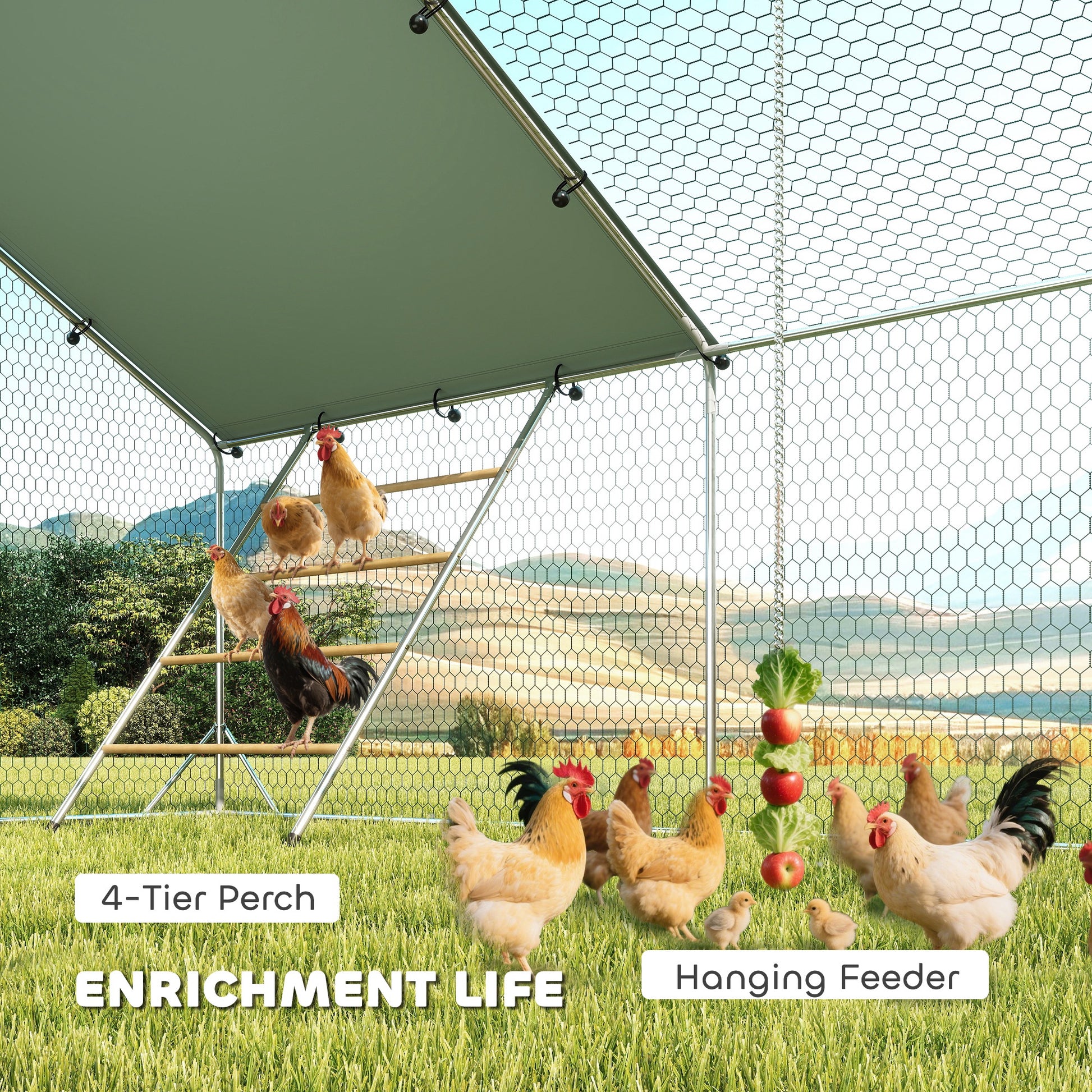 Large Metal Chicken Run with Waterproof & UV-Resistant Cover, Feeding Door, Hanging Feeder, Perch, for 24-30 Chickens