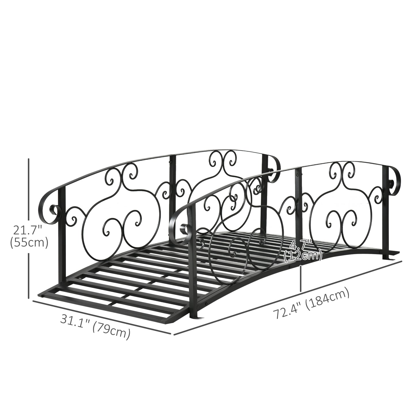 6FT Steel Garden Bridge with Safety Siderails, Decorative Arc Landscaping Bridge for Backyard Creek Stream Pond, Black