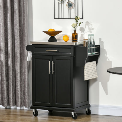 Kitchen Island with Stainless Steel Top, Rolling Kitchen Cart on Wheels with Storage Drawer, Cabinet, Towel Rack and Spice Rack (Black)