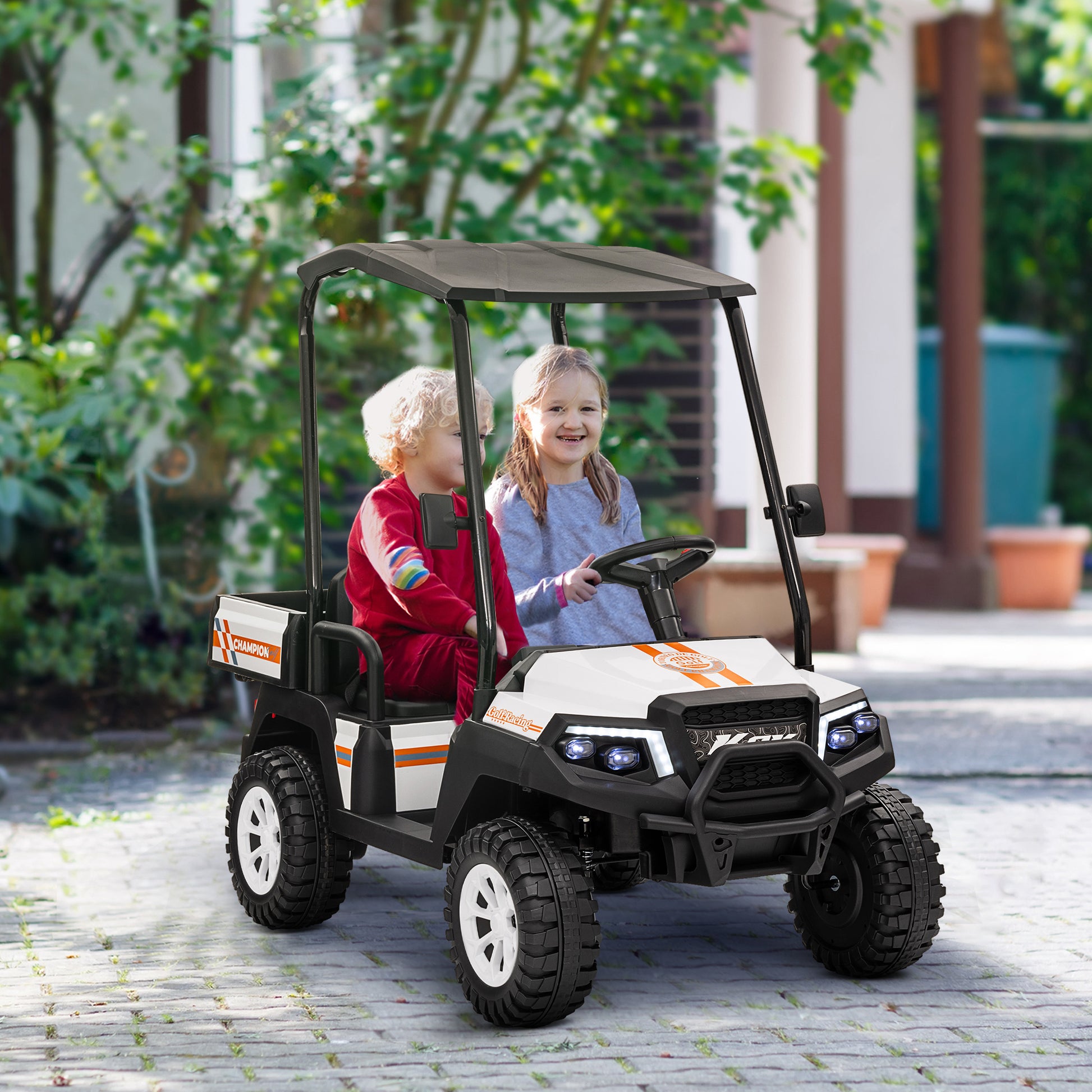 Qaba 24V 2 Seater Electric Car for Kids w/ Remote Control, 4 Wheels Spring Suspension, Soft Start, Storage, Sunshade, White