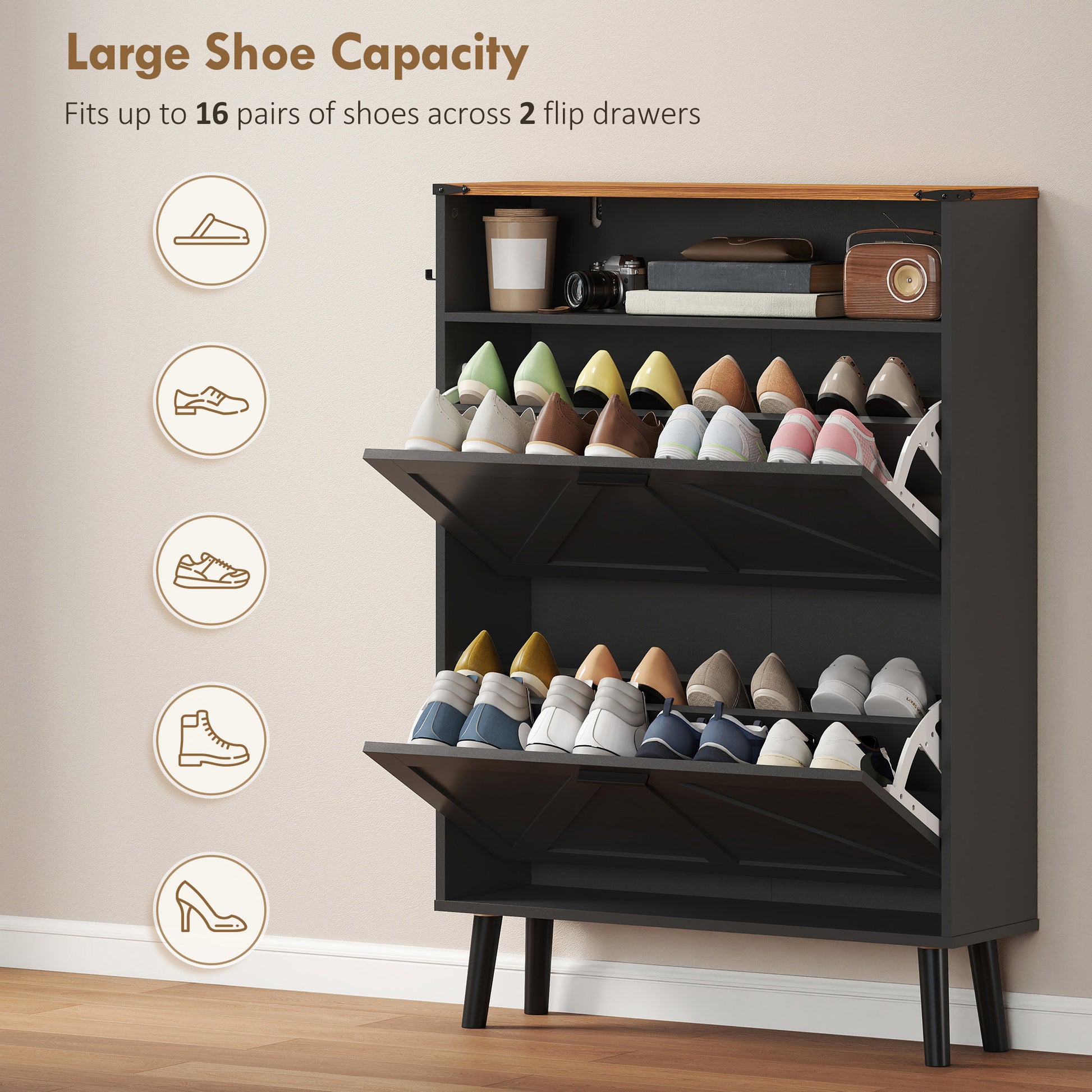Shoe Storage Cabinet with 2 Flip Drawers, Farmhouse Narrow Shoe Cabinet, Holds Up to 16 Pairs, Black