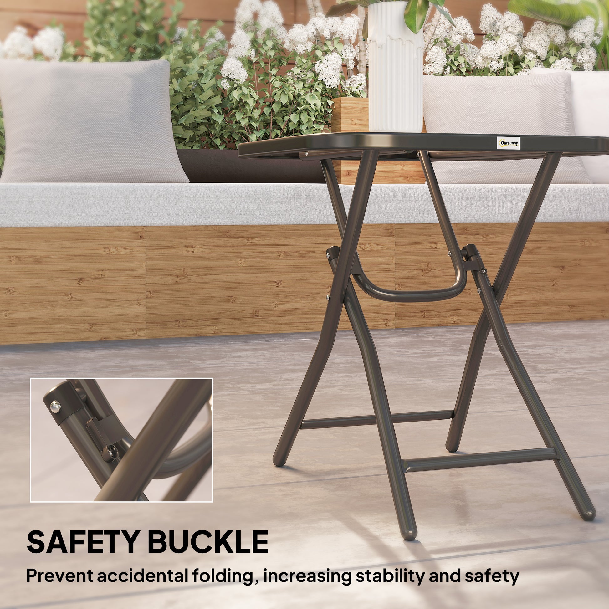 Patio Table, Folding Coffee Table with Tempered Glass Tabletop, Portable Bistro Table for Patio, Backyard