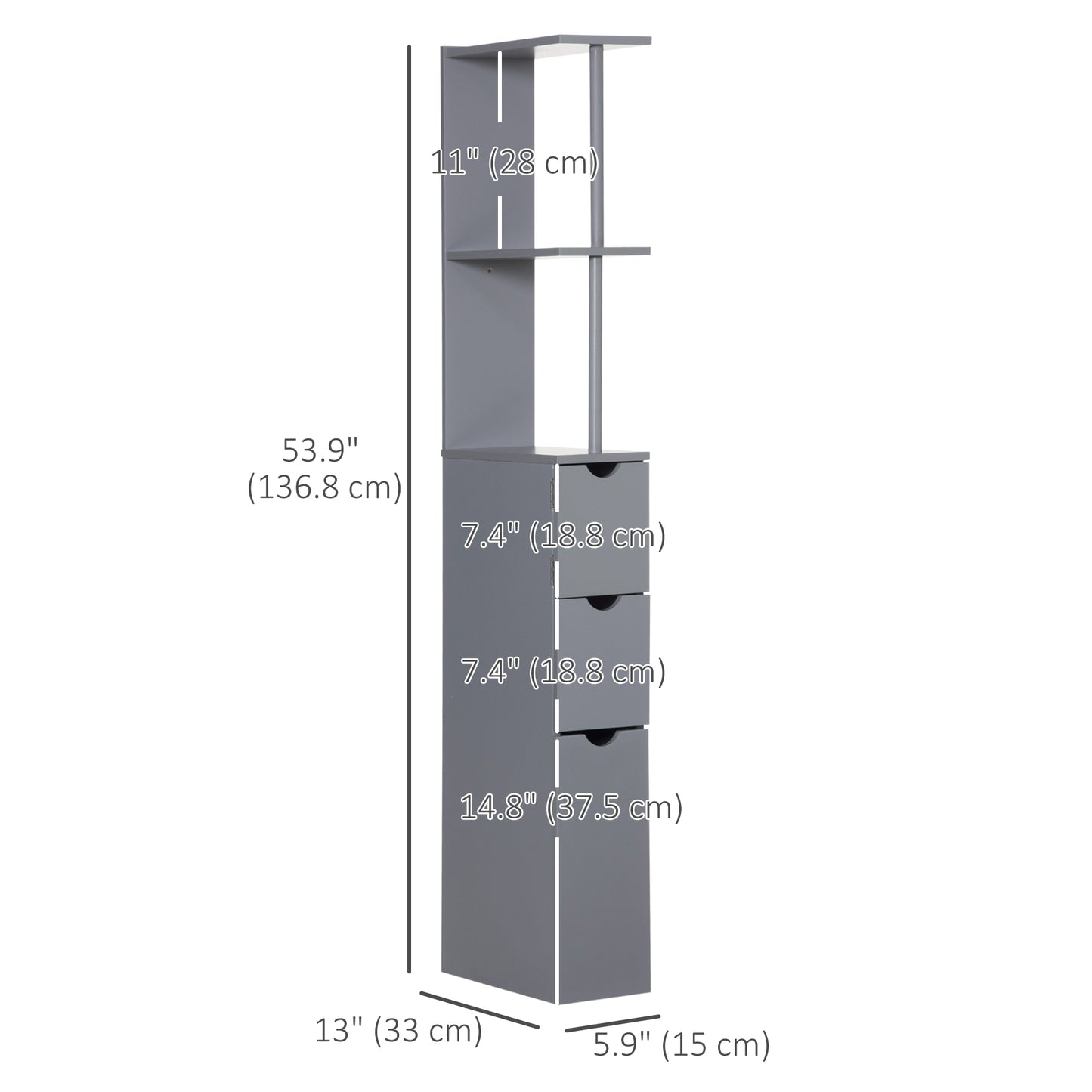 Tall Bathroom Storage Cabinet, Narrow Bathroom Cabinet with Drawers and Open Shelves for Small Spaces, Grey