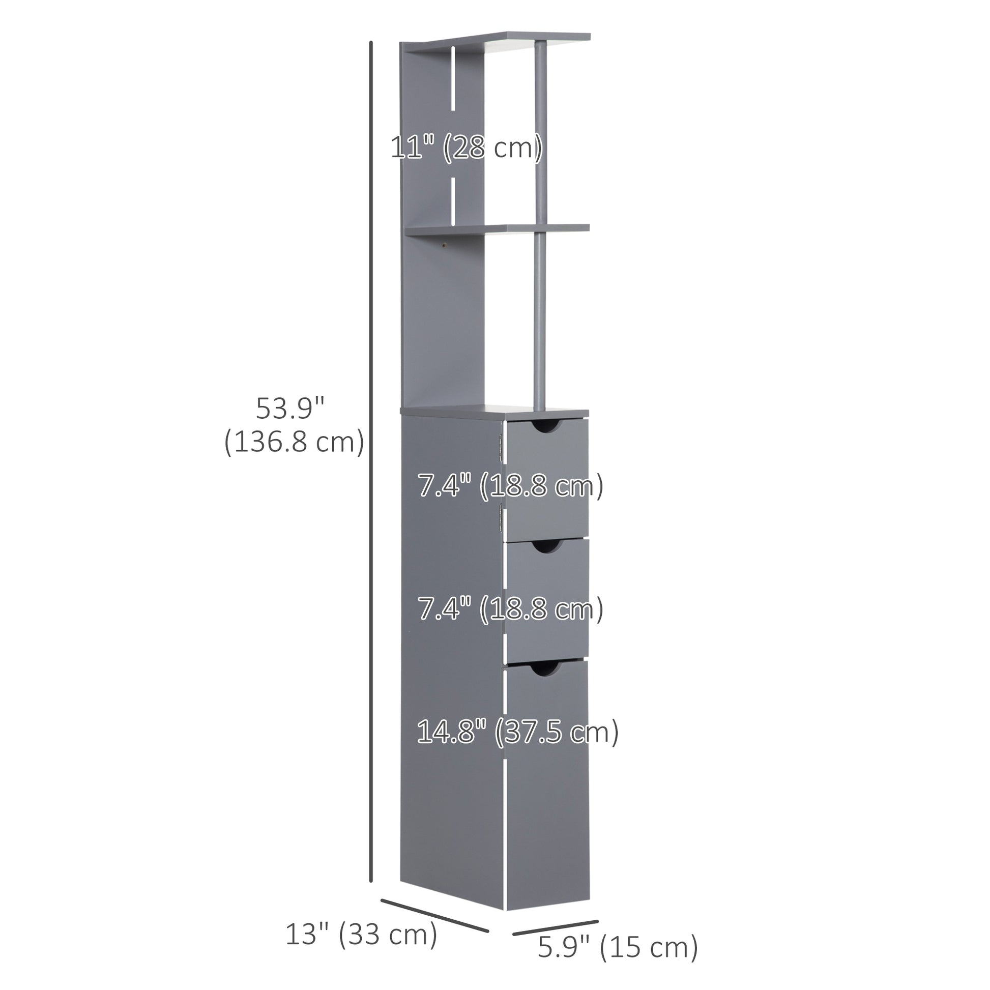 Tall Bathroom Storage Cabinet, Narrow Bathroom Cabinet with Drawers and Open Shelves for Small Spaces, Grey