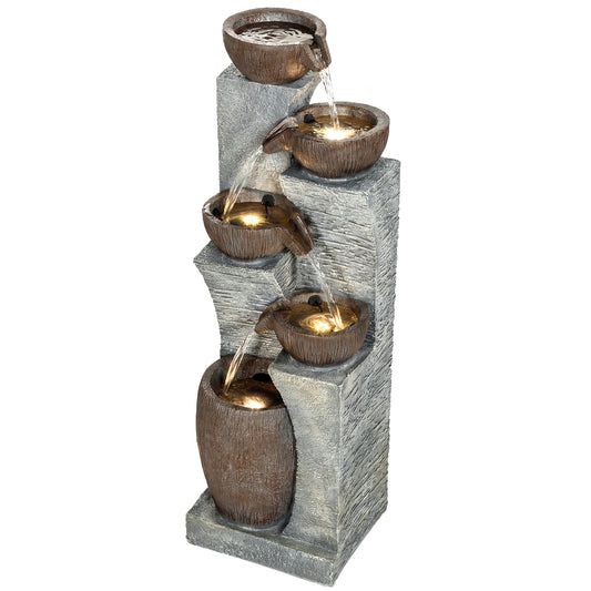 Outdoor Cascading Rock Water Fountain, 5-Tier Waterfall Feature with LED Lights, Adjustable Flow, Grey and Rustic Brown