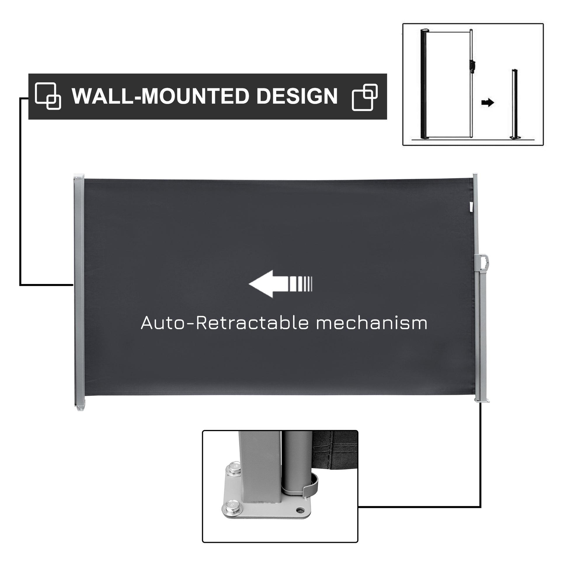 118" x 71" Outdoor Folding Privacy Screen Retractable Side Awning Patio with Resistance to UV Rays and Wind Grey