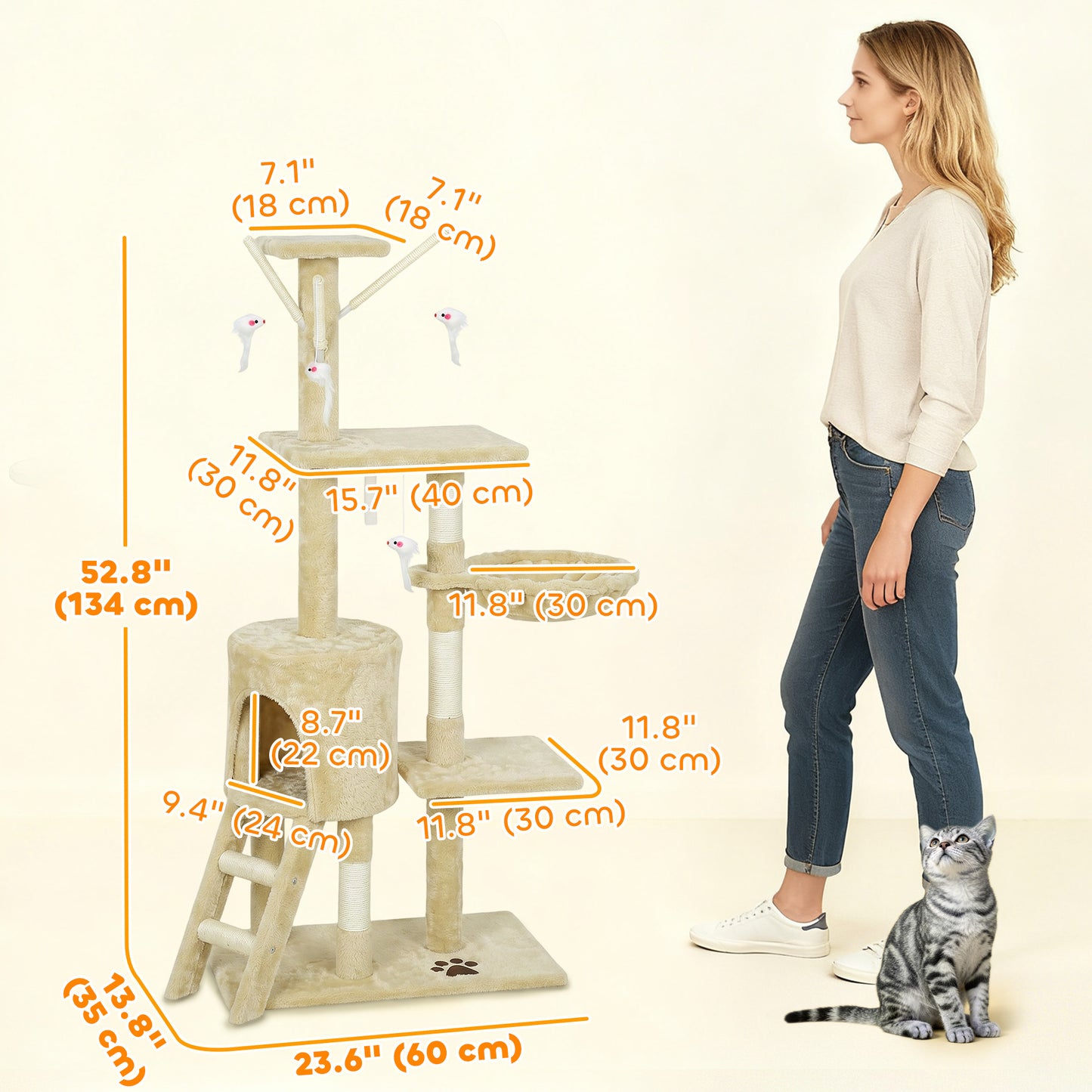 53" Cat Tree Tower, Kitten Activity Centre with Scratching Posts, Condo, Perches, Ladder, Hammock, Dangling Toys, Beige