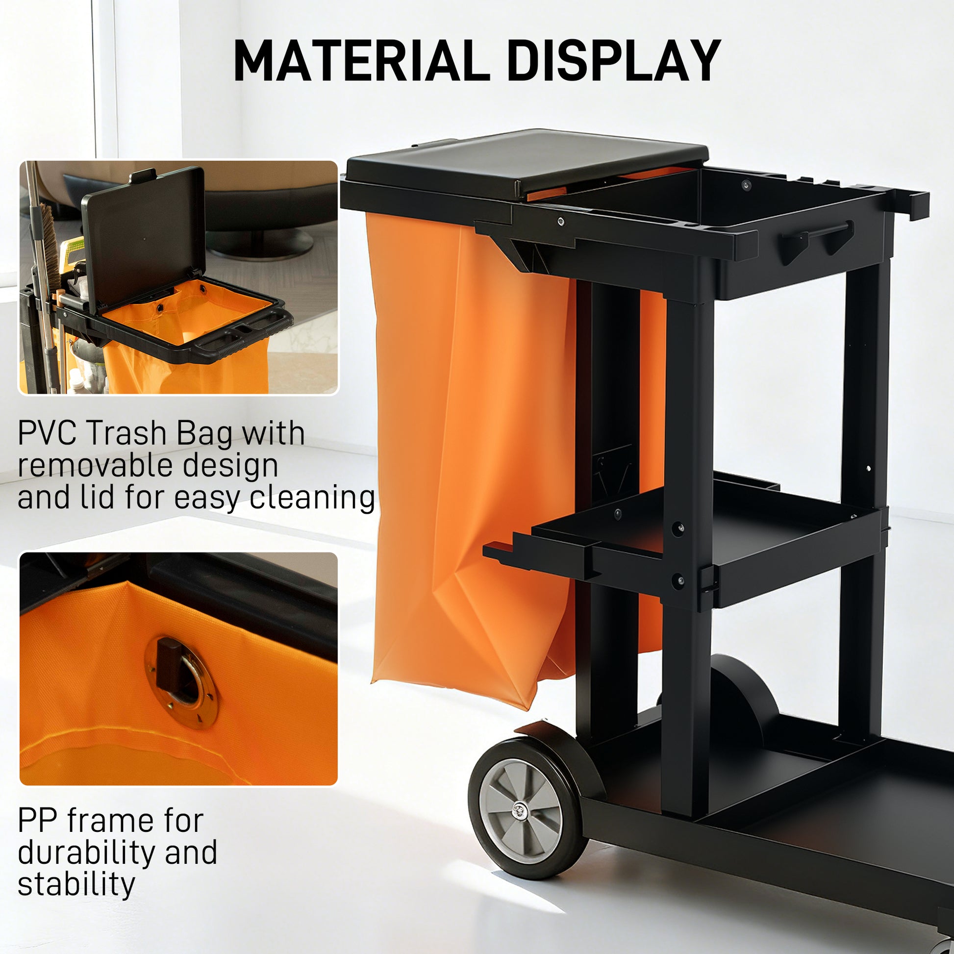 Commercial Janitorial Cart with 3 Tier Shelves, Cleaning Cart with Rubbish Bag and Mop Mount for Hotel Restaurant, Black