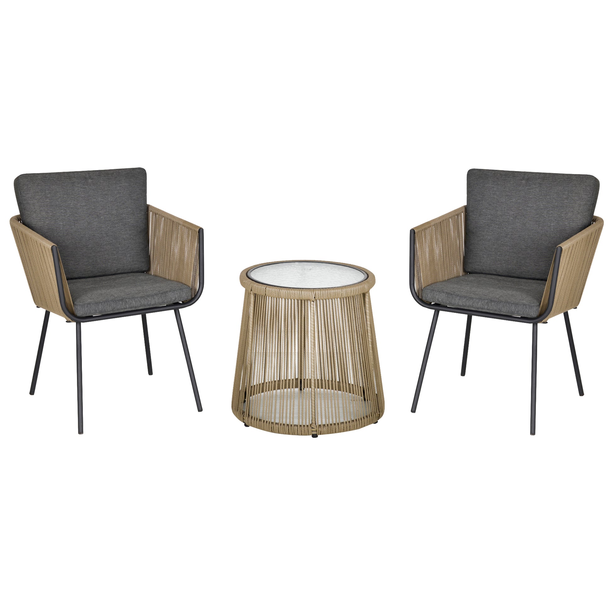 3 Pieces Wicker Patio Furniture Set, Rattan Bistro Set with Coffee Table and Cushions, Outdoor Conversation Set for Garden, Porch, Balcony, Grey
