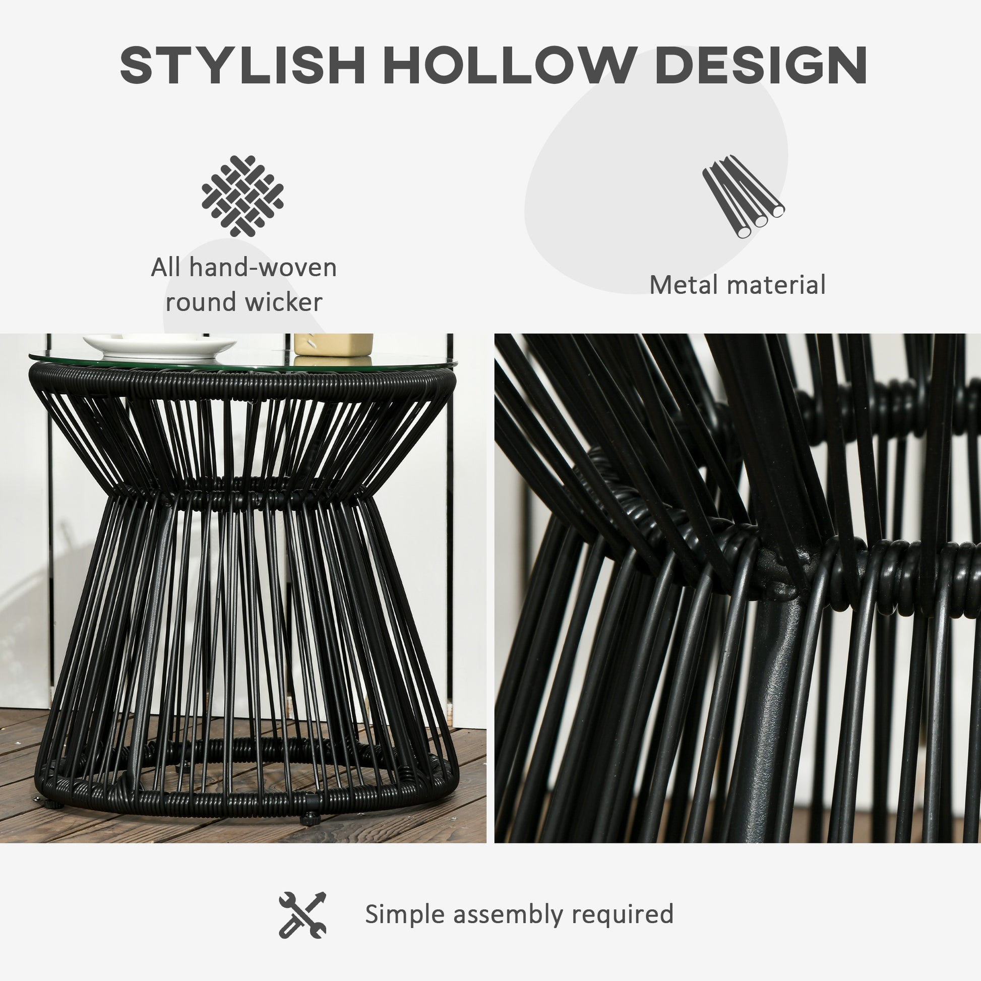 Round End Table, Rattan Side Table, Hollow Drum Design Coffee Table w/ Glass Tabletop for Patio, Garden, Balcony, Black