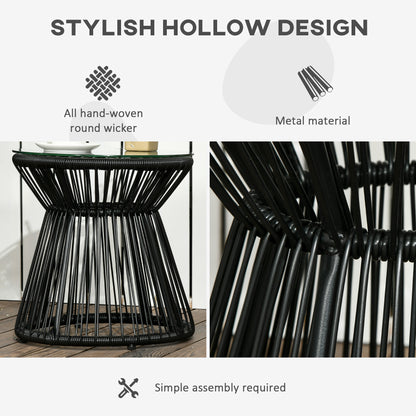 Round End Table, Rattan Side Table, Hollow Drum Design Coffee Table w/ Glass Tabletop for Patio, Garden, Balcony, Black