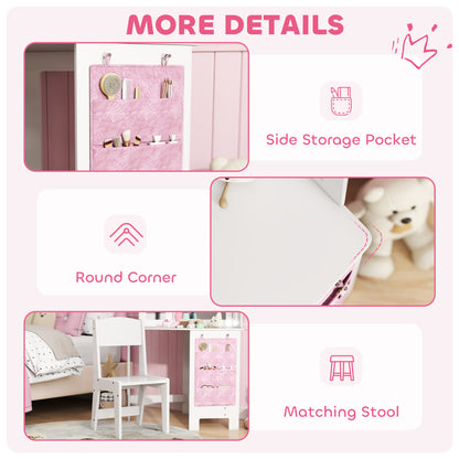 Qaba Kids Vanity Table and Chair Set with Lights, Makeup Dressing Table with Tri-Fold Mirror for Ages 3-8 Years, White