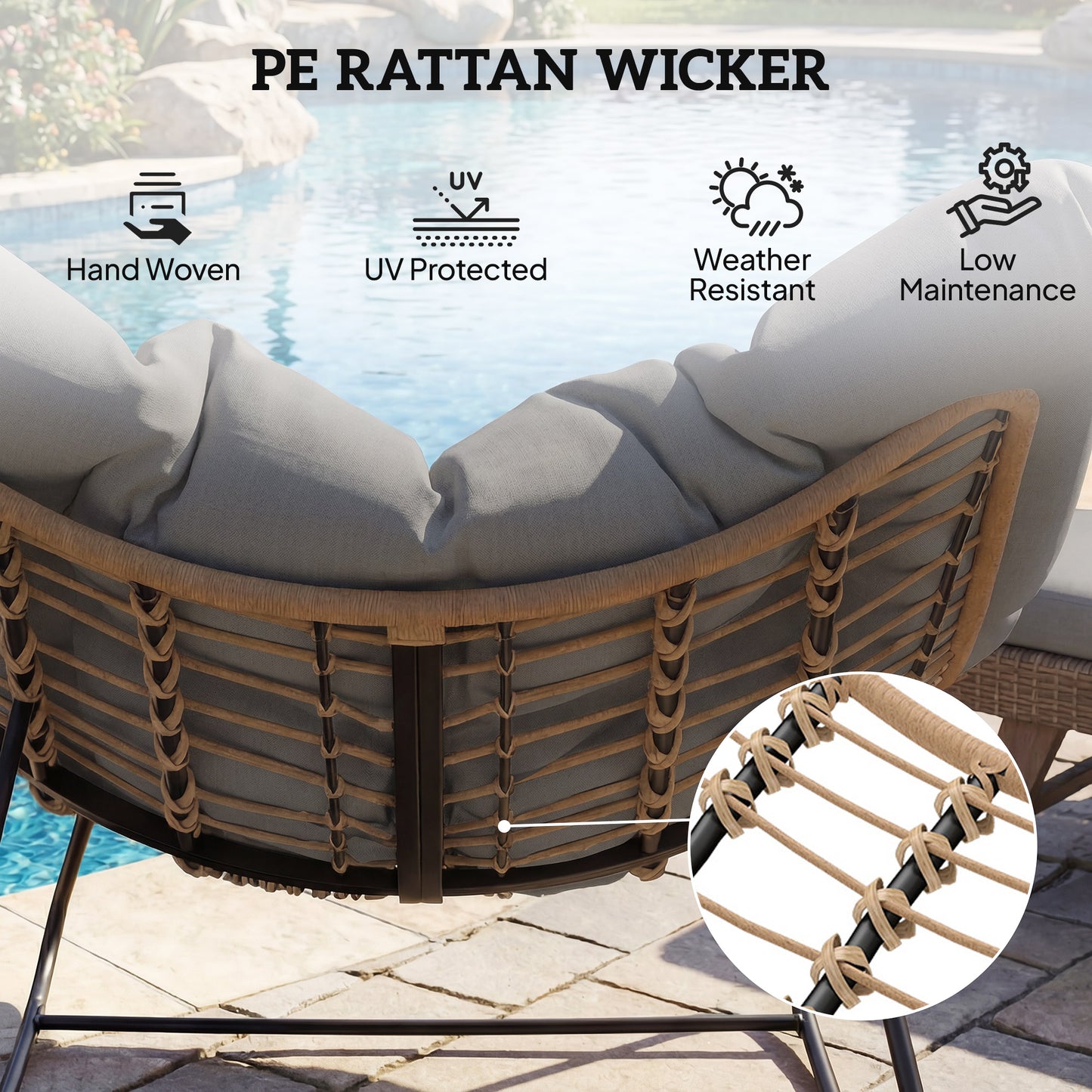 Indoor Outdoor Papasan Rocking Chair, Oversized Rocking Egg Chair with Cushion for Garden, Patio, Grey