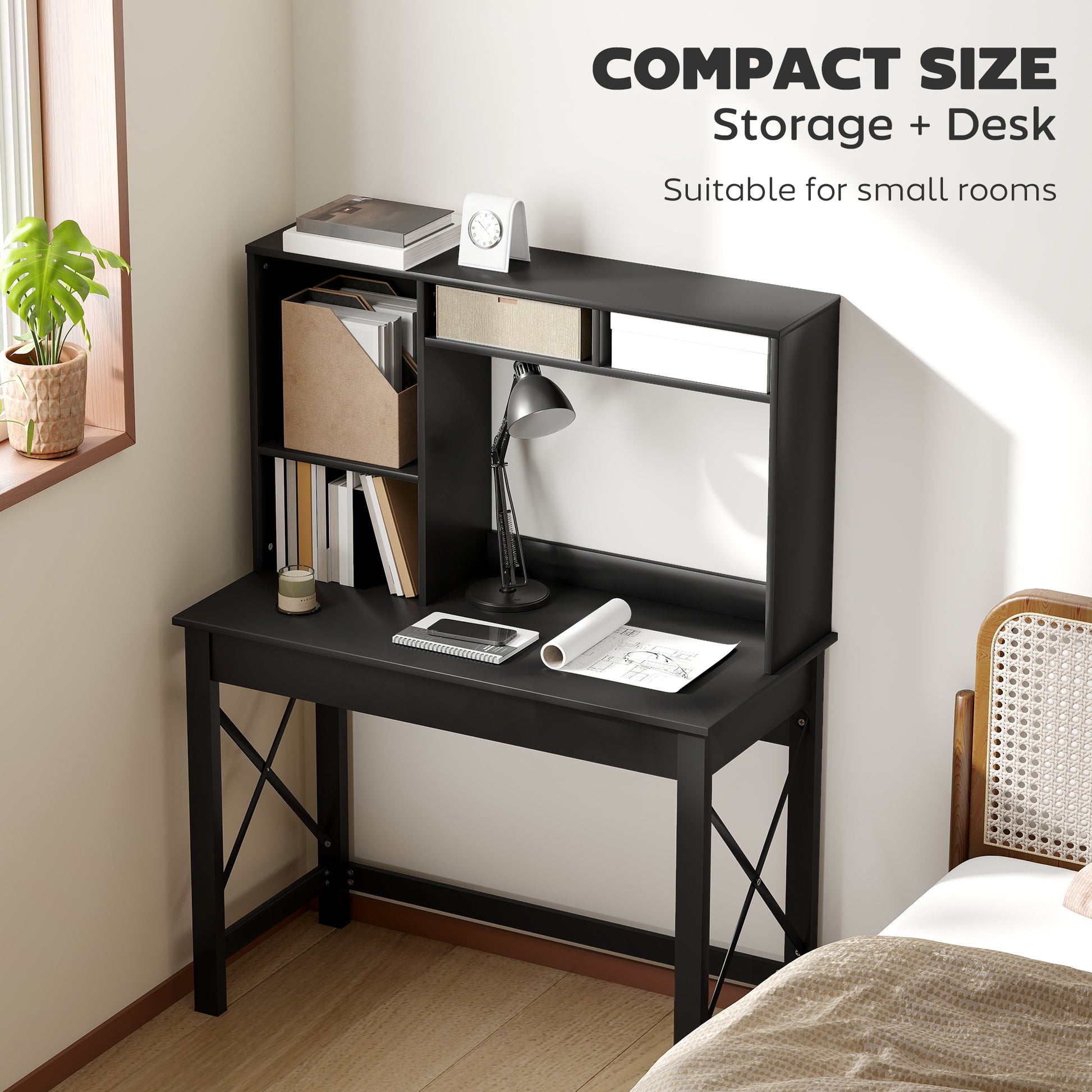 Computer Desk with Hutch, Home Office Table with Storage Shelves and Open Compartments for Writing, Work, Black