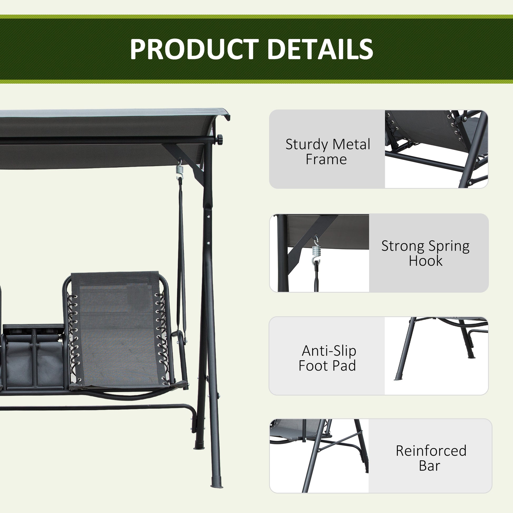 2 Person Covered Porch Swing Patio Swing with Pivot Storage Table, Cup Holder, & Adjustable Overhead Canopy, Grey