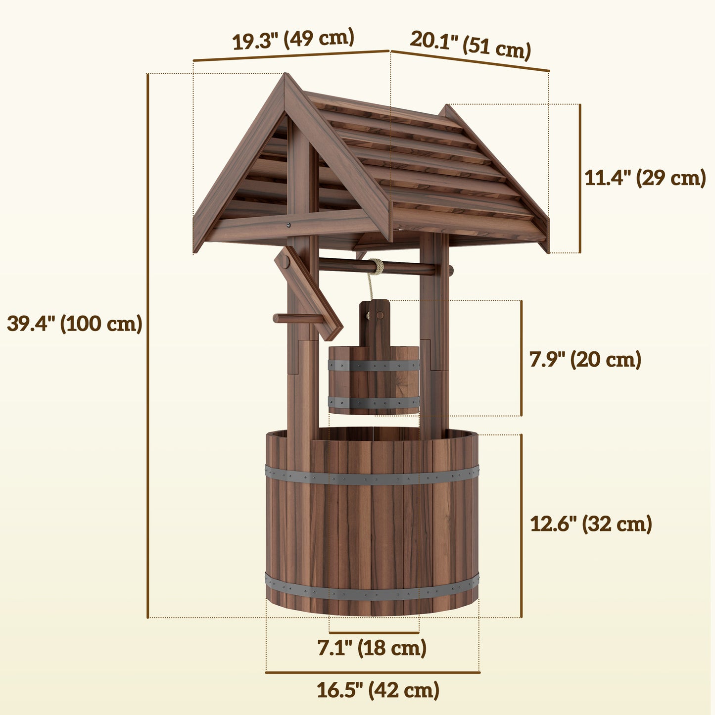Wood Wishing Well Outdoor Wooden Planter with Hanging Bucket and Drainage Hole for Garden, Patio, Backyard, Tan