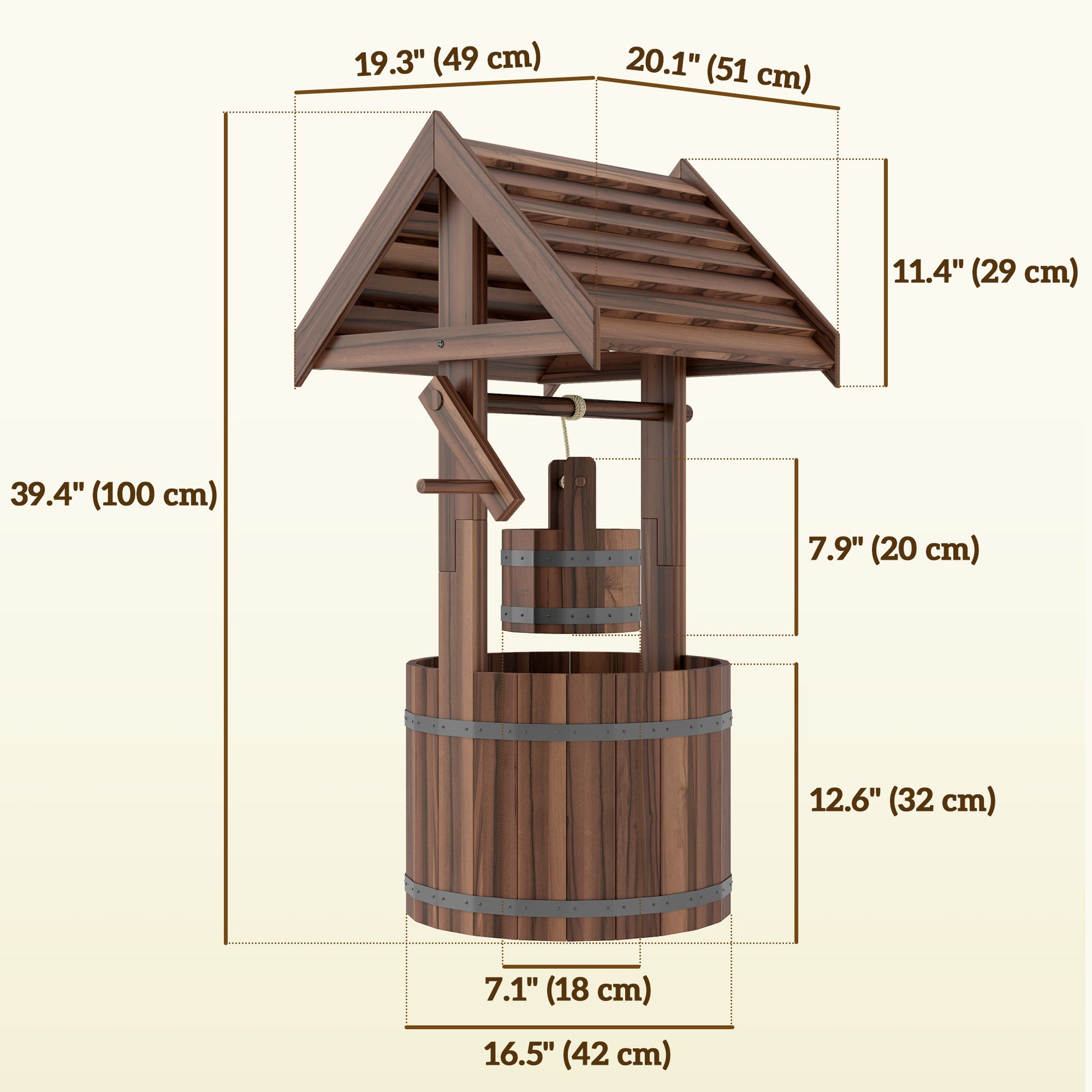 Wood Wishing Well Outdoor Wooden Planter with Hanging Bucket and Drainage Hole for Garden, Patio, Backyard, Tan