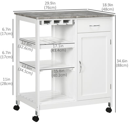 Rolling Kitchen Cart, Bar Cart on Wheels with Wine Rack, Drawer, Open Shelves, Cabinet and Faux Marble Top, Kitchen Island with Storage, White