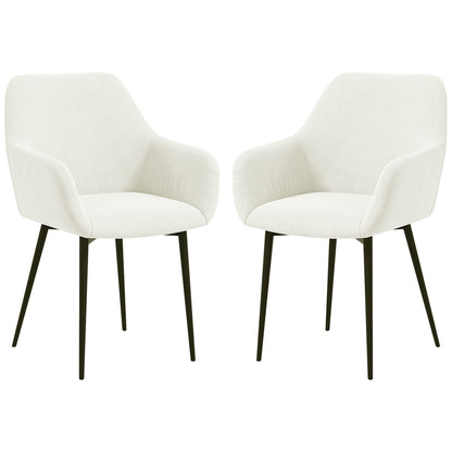 Dining Chairs Set of 2, Velvet-look Fabric Upholstered Kitchen Chairs with Backrest, Armrests and Steel Legs, Cream White