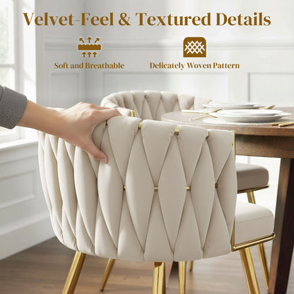 Modern Dining Chairs Set of 2, Velvet-Feel Upholstered Kitchen Chairs with Woven Backrest and Metal Legs, Cream White