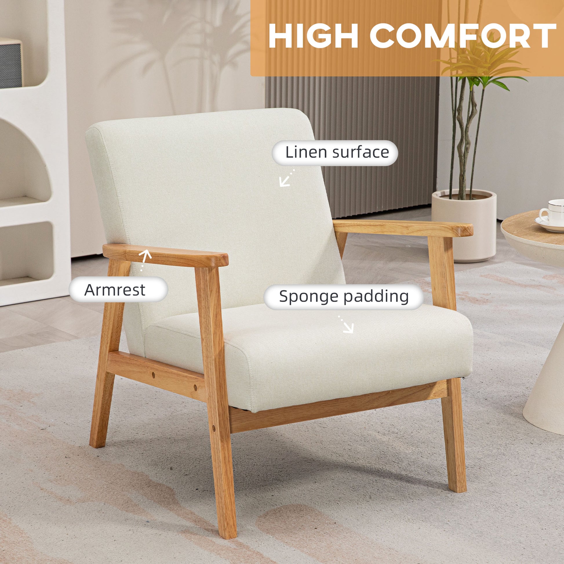 Mid-Century Modern Accent Chair Retro Fabric Armchair Wooden Arm Upholstered Lounge Chair for Living Room Cream White