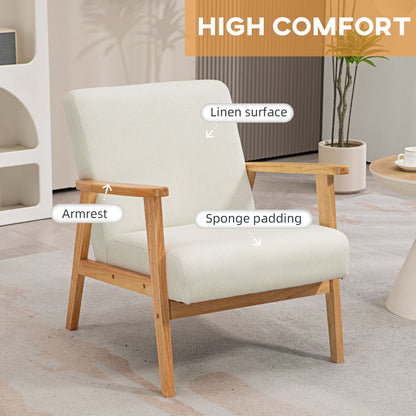 Mid-Century Modern Accent Chair Retro Fabric Armchair Wooden Arm Upholstered Lounge Chair for Living Room Cream White