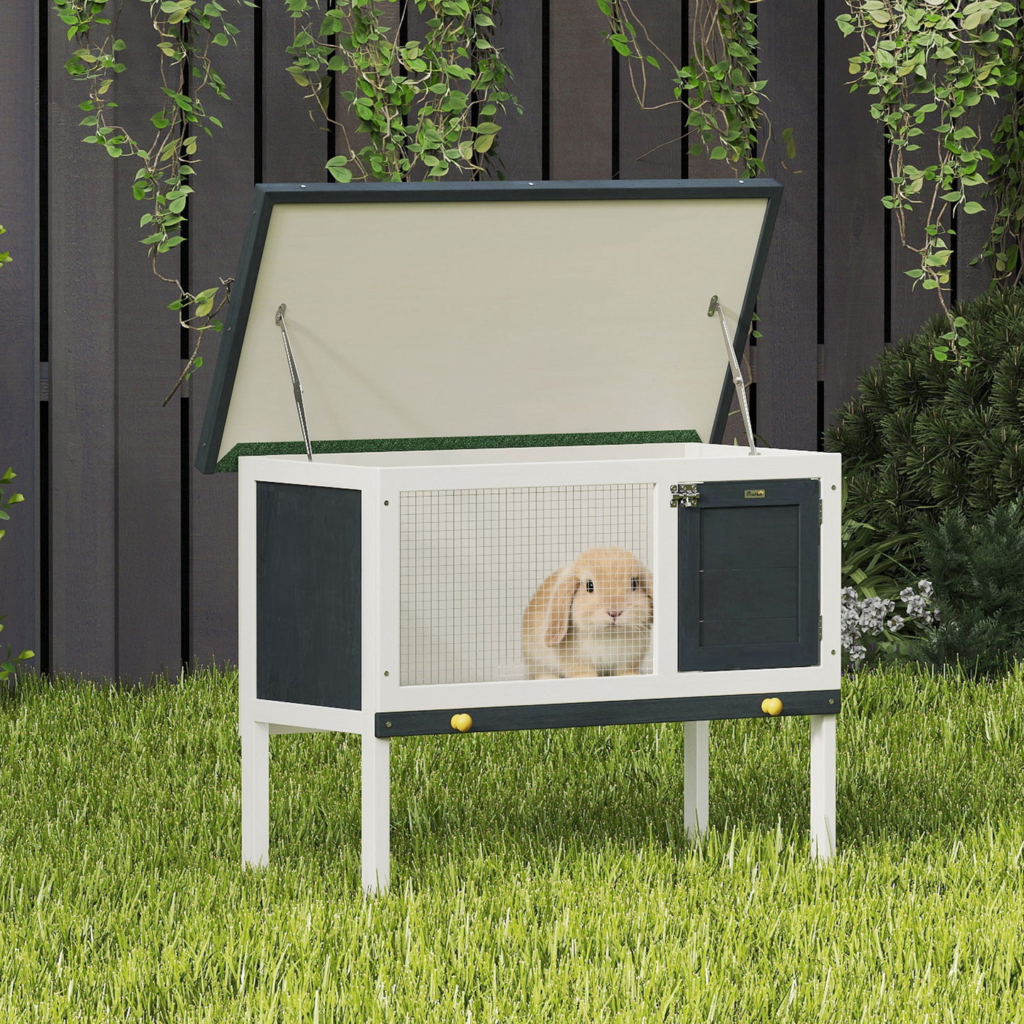 Wooden Outdoor Rabbit Hutch for Small Pet w/ Slide-out Tray, Openable Roof, 35" W x 18" D x 26" H, Dark Grey