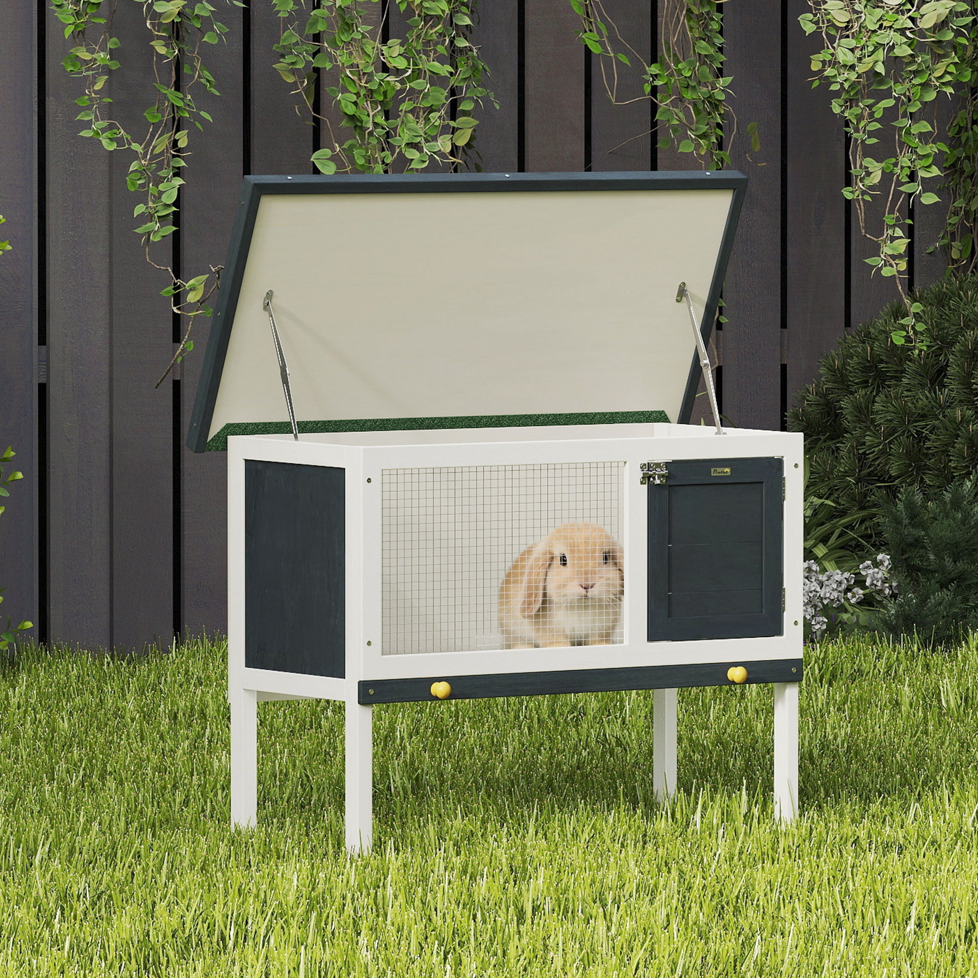 Wooden Outdoor Rabbit Hutch for Small Pet w/ Slide-out Tray, Openable Roof, 35" W x 18" D x 26" H, Dark Grey