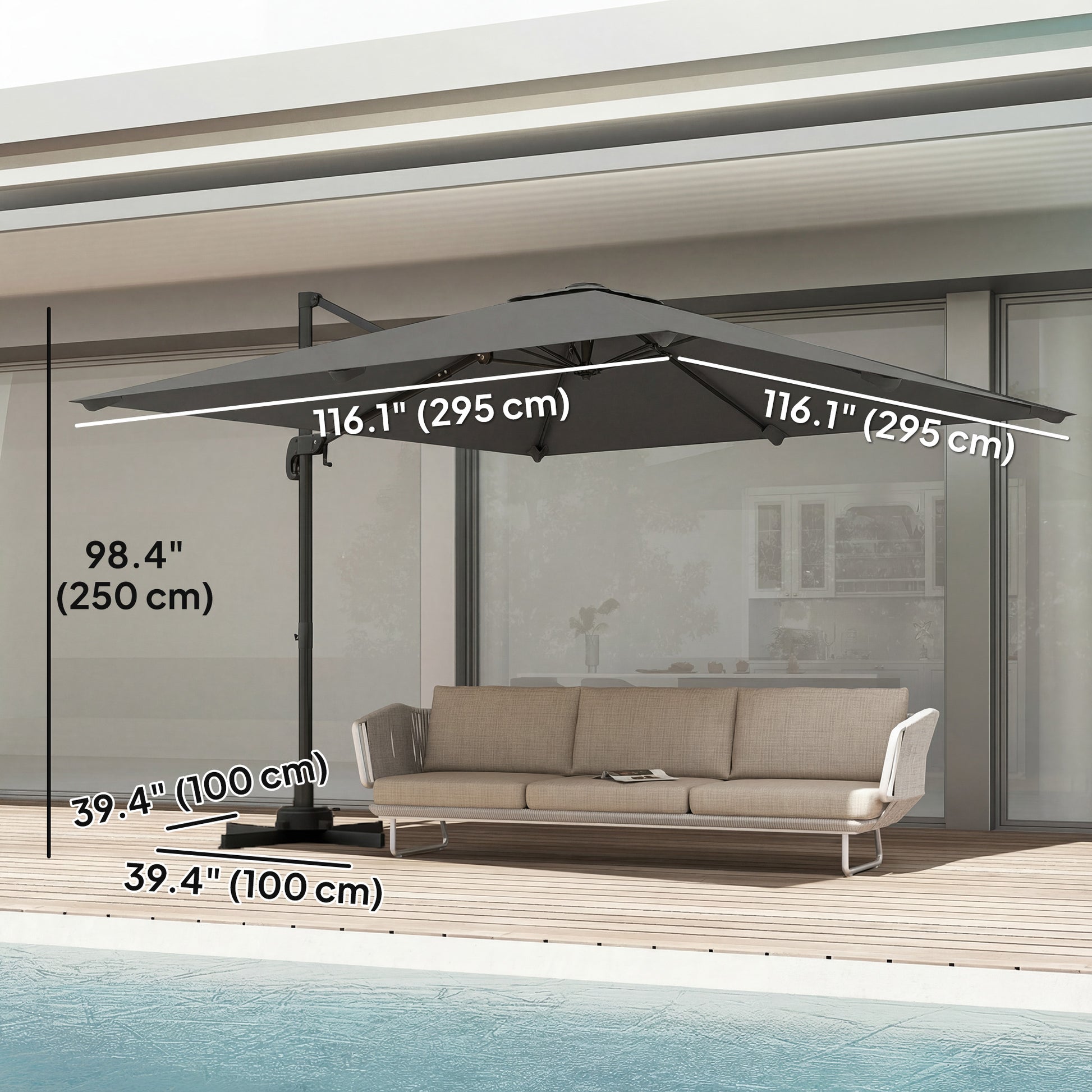 10 FT Cantilever Patio Umbrella, Square Patio Umbrella with Crank Handle, Cross Base and Tilt, 360° Rotation