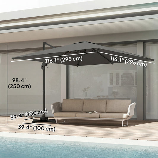 10 FT Cantilever Patio Umbrella, Square Patio Umbrella with Crank Handle, Cross Base and Tilt, 360° Rotation