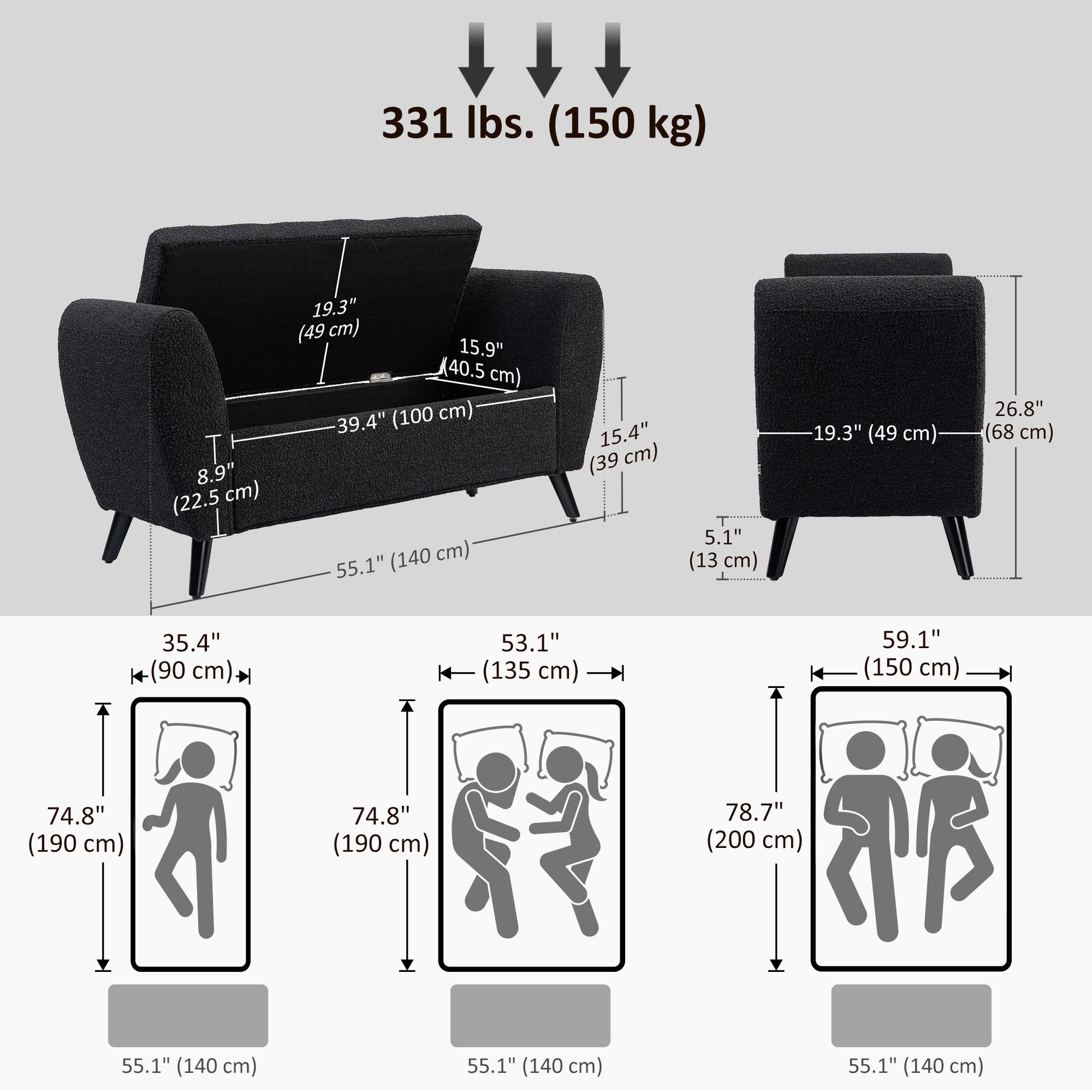 Upholstered Storage Bench with Arms, Modern Ottoman Bench for Bedroom, Entryway, and Living Room, Black