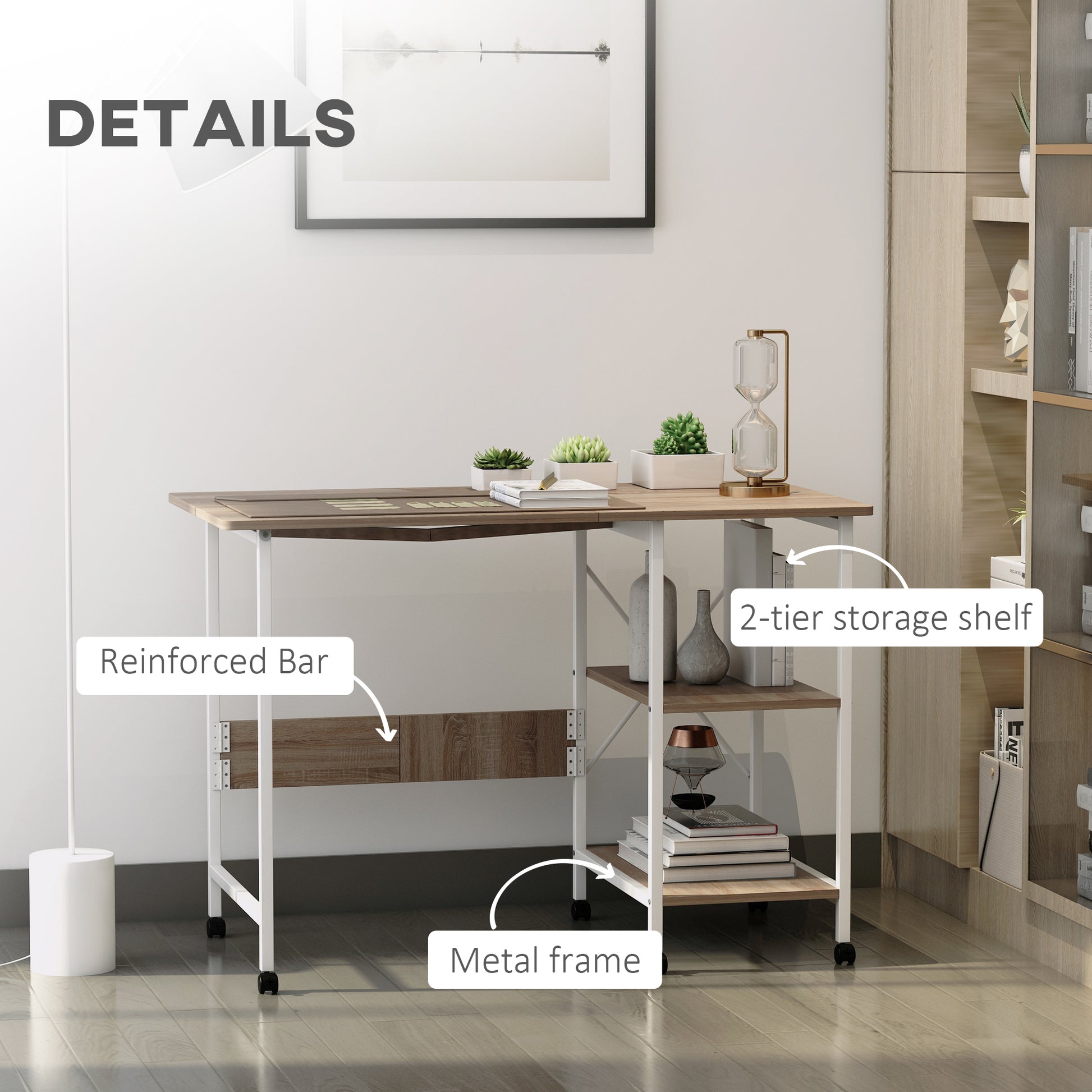 Folding Computer Desk with Storage Shelves, Study Writing Table Laptop Desk with 6 Wheels for Bedroom Home Office Workstation, Natural