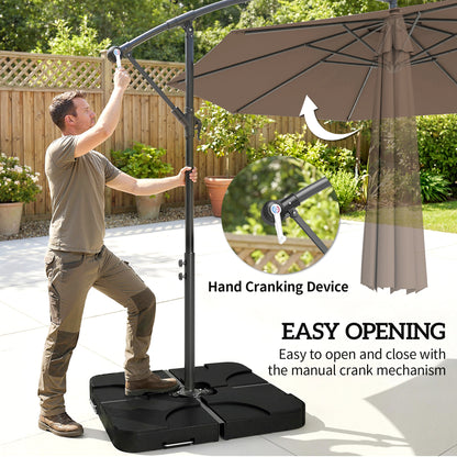 9.6ft Offset Patio Umbrella Garden Hanging Parasol Banana Cantilever Umbrella with Base, Crank, Coffee