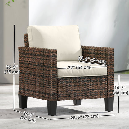 Single Outdoor Wicker Chair, Rattan Patio Chair with Armrests and Cushions for Balcony, Porch, Deck, Cream White