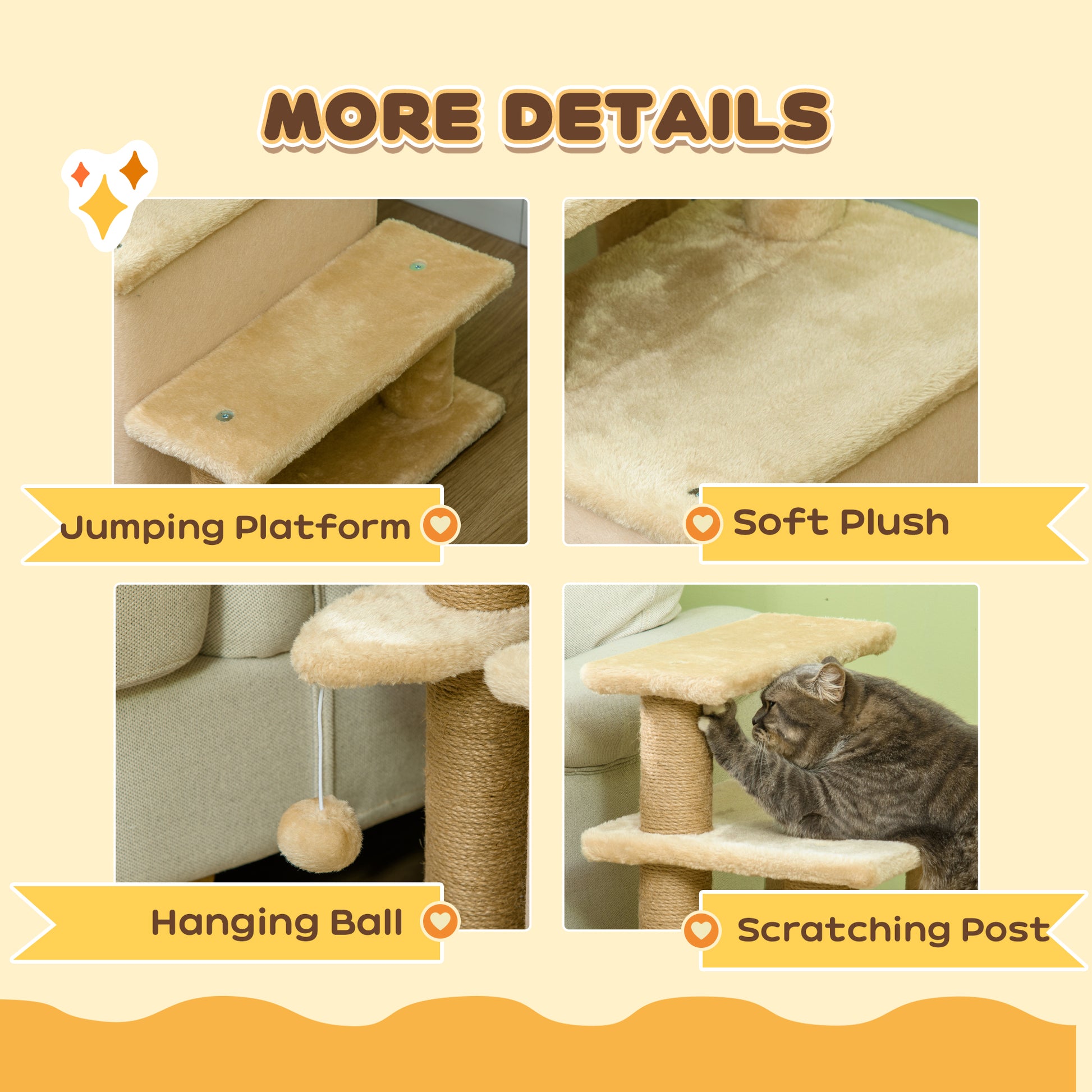 Cat Stairs Pet Steps for Couch Bed with Scratching Posts Condo Ball Toy, 23.6" x 15.7" x 26", Beige