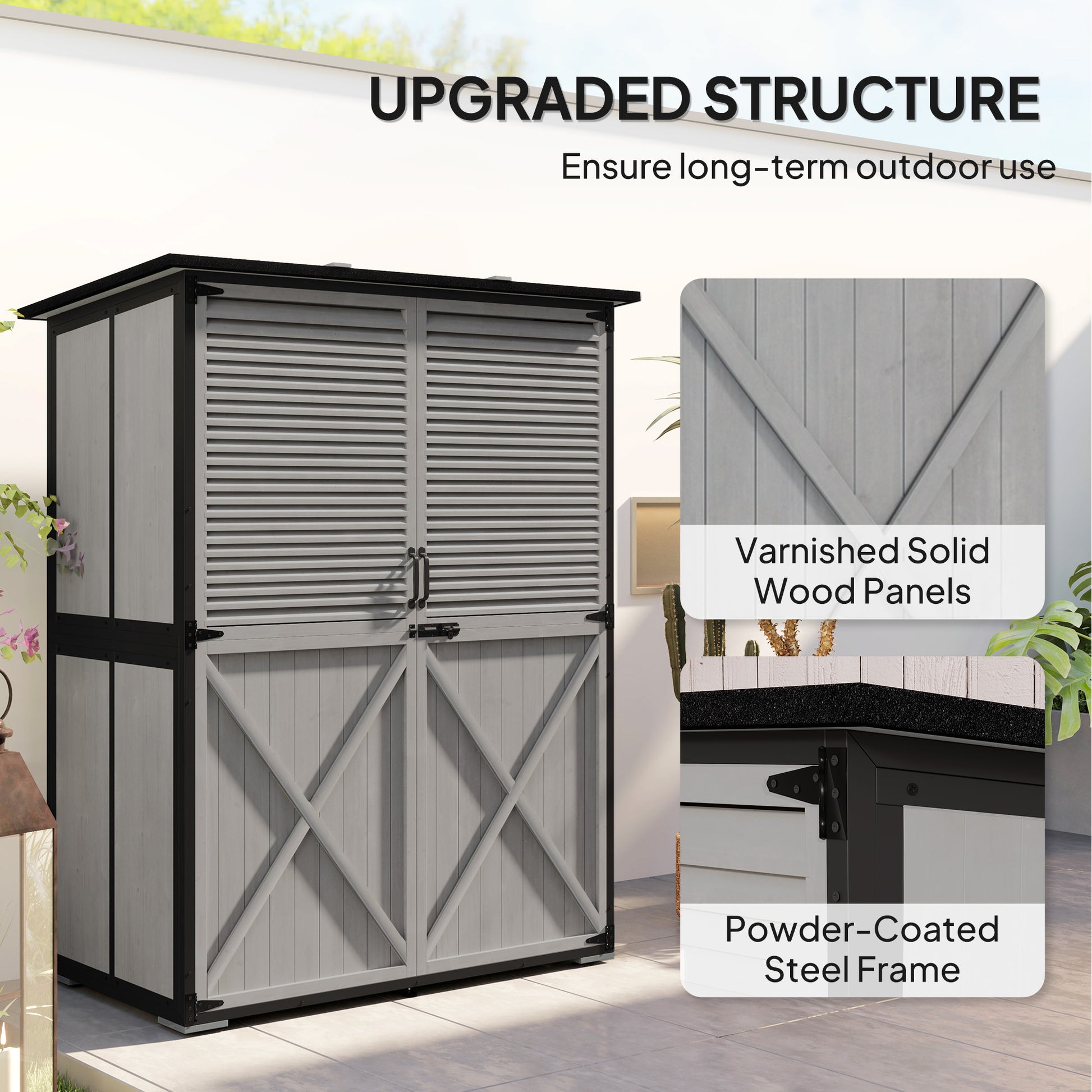 Outdoor Storage Cabinet, Wood Garden Shed with Steel Frame, Asphalt Roof, 2 Shelves and Lockable Doors, Grey