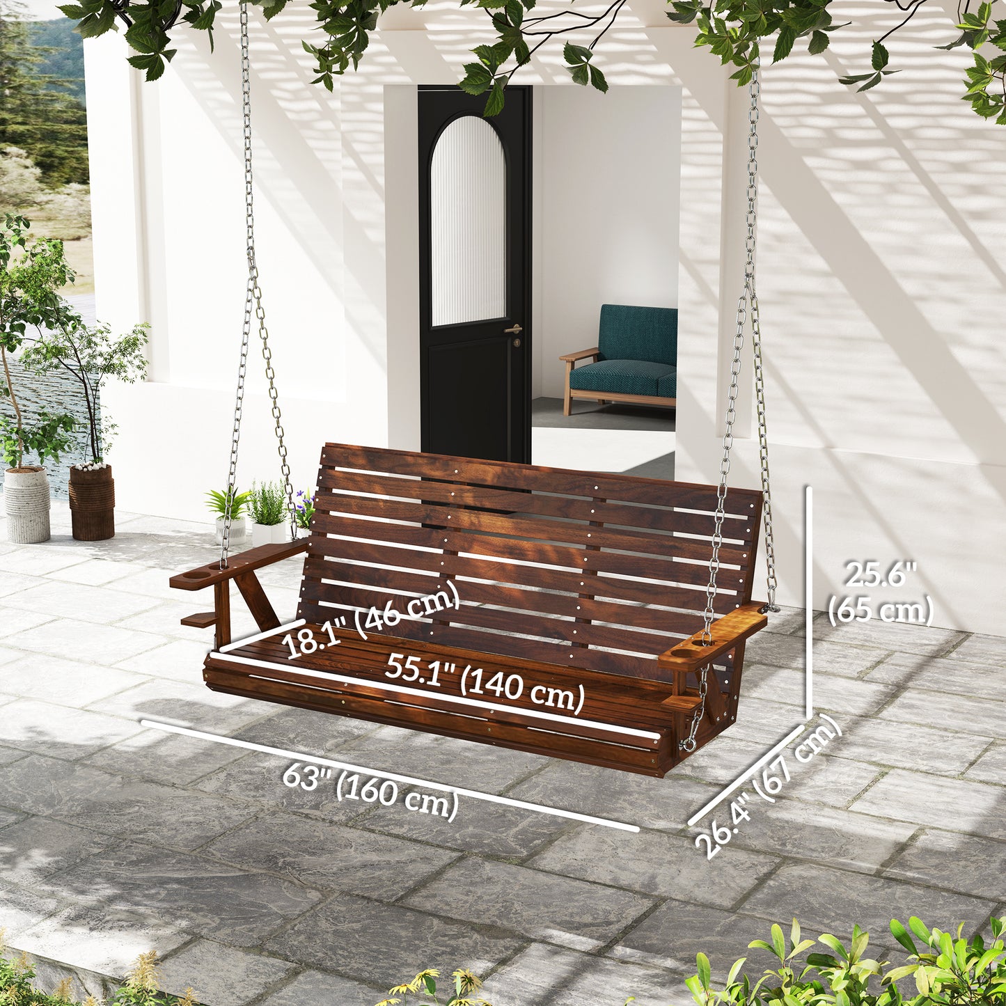 3-Seater Swing Bench, Wooden Porch Swing with Cupholders, Hanging Chains for Patio Garden, Carbonized