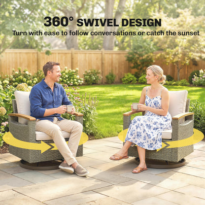 Patio Outdoor Swivel Chairs Set of 2, PE Rattan Patio Wicker Chair with Soft Cushions, Steel Frame, Cream White