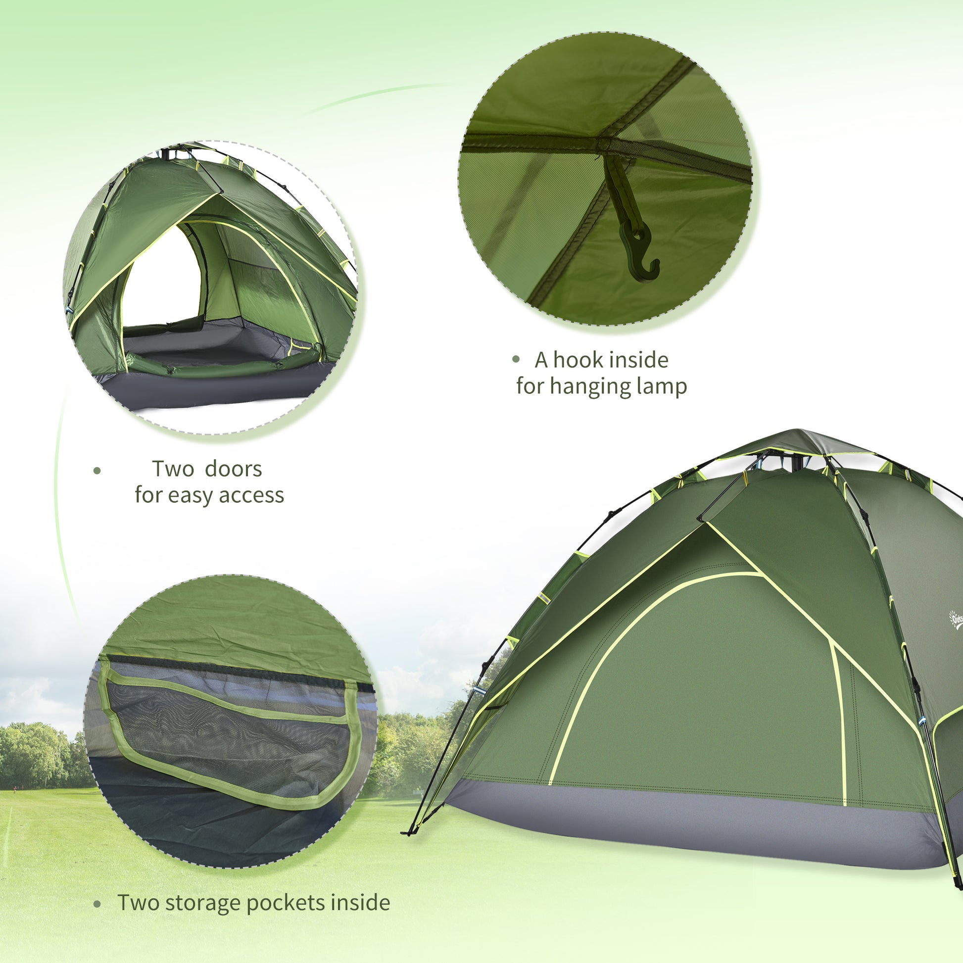 Camping Tent, 3 Person Family Tent, 1000mm Waterproof, with Sewn-in Groundsheet and Carry Bag, for Fishing, Dark Green