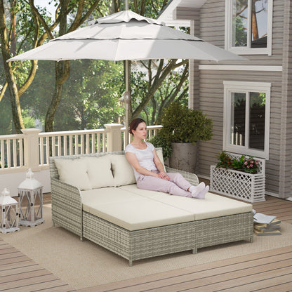 Rattan Outdoor Daybed, Sunbed Loveseat with Soft Cushions, 4 Pillows, Curved Backrest & Armrest, Beige