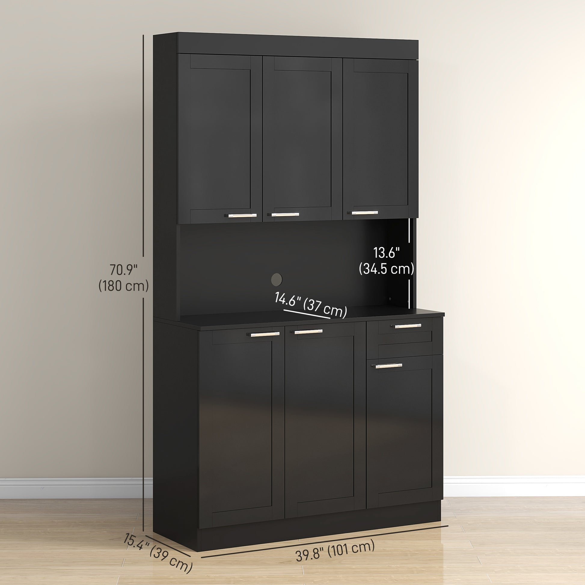 71" Kitchen Pantry Storage Cabinet, Storage Buffet with Hutch, Adjustable Shelves for Living Room, High Gloss Black