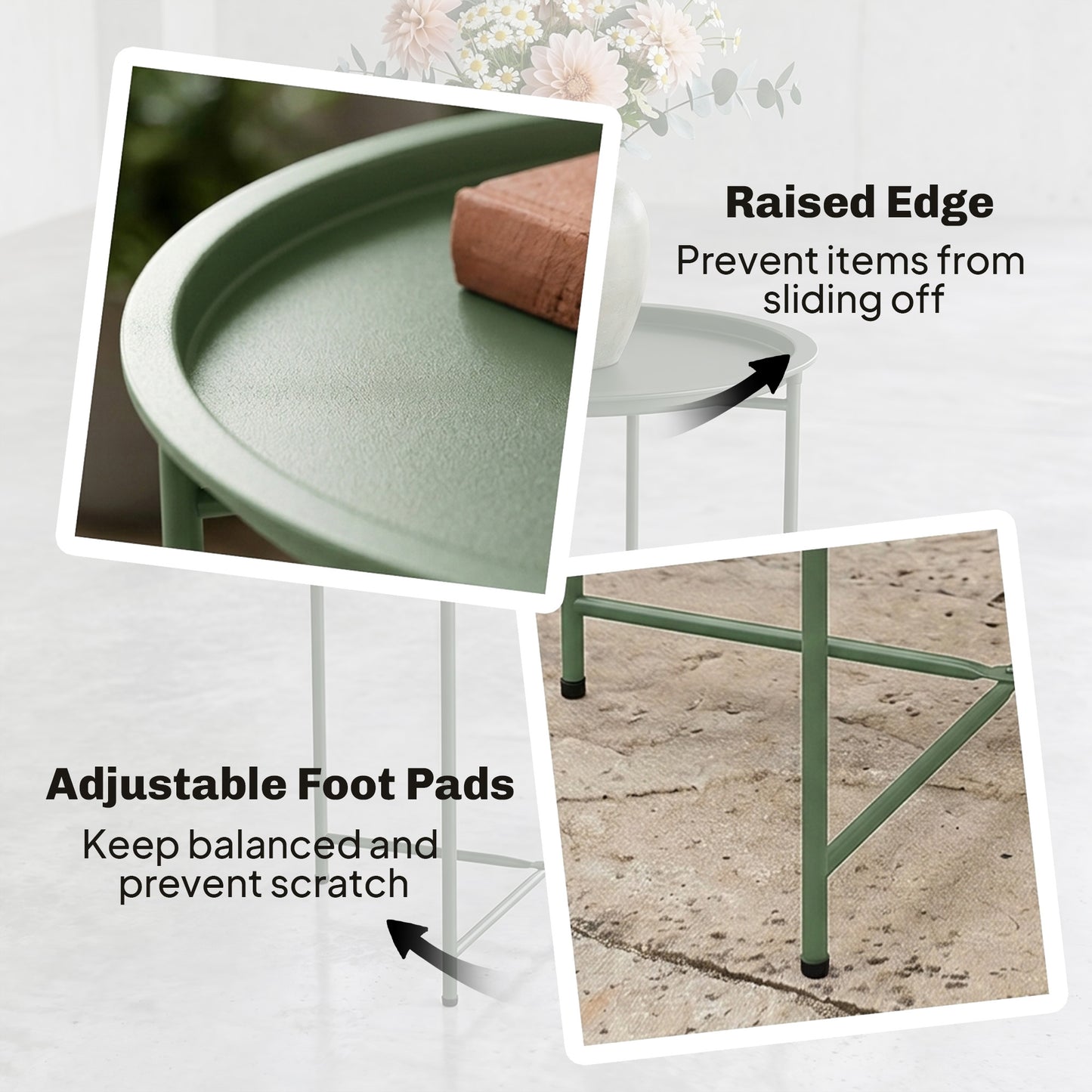 18" Outdoor Side Table with Removable Tray and Folding Legs, Indoor Outdoor for Balcony, Porch, Green