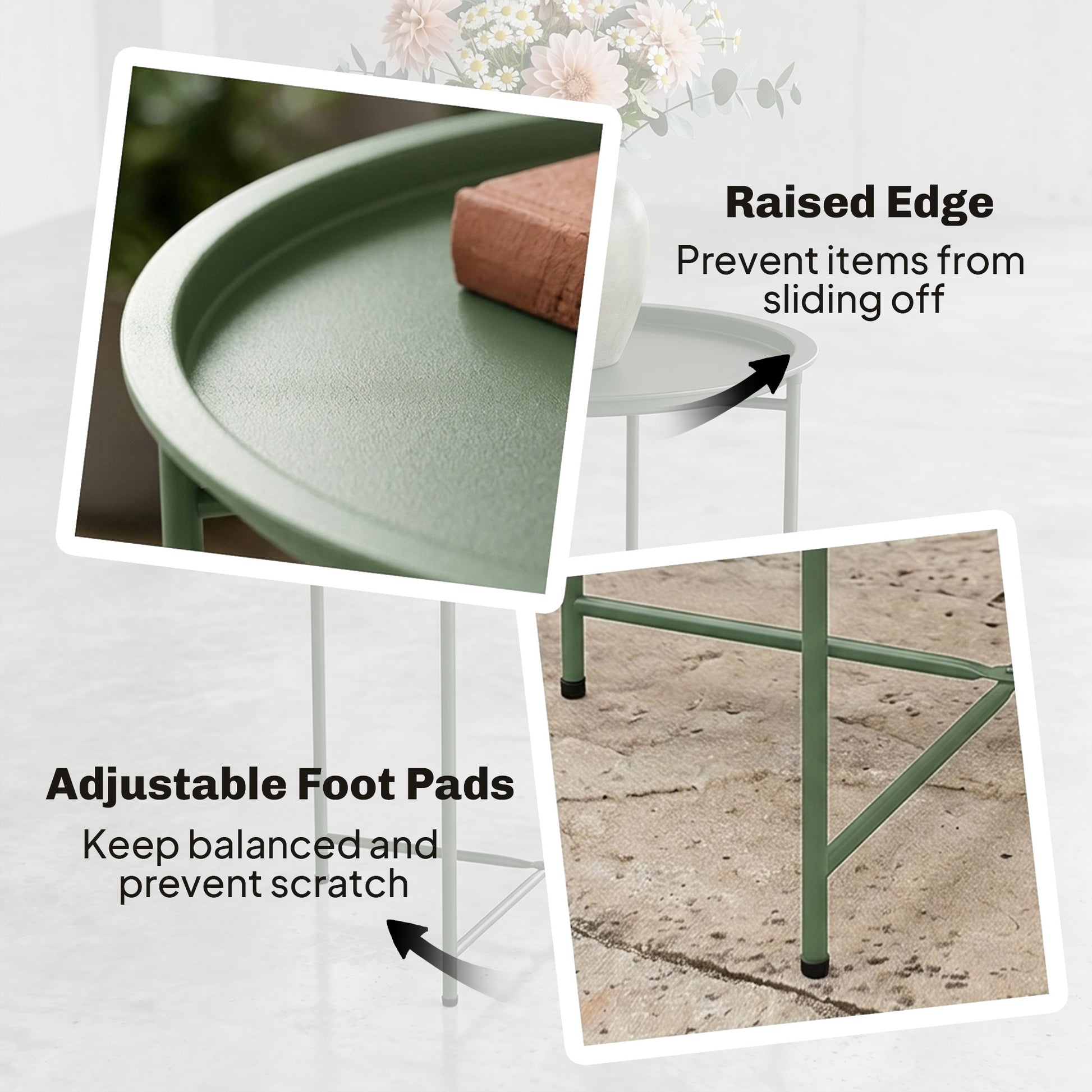 18" Outdoor Side Table with Removable Tray and Folding Legs, Indoor Outdoor for Balcony, Porch, Green