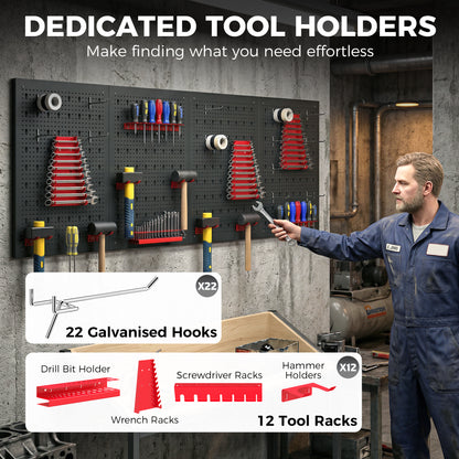 38 Piece Metal Peg Board with Accessories, Shelf Tool Organizer, Black and Red