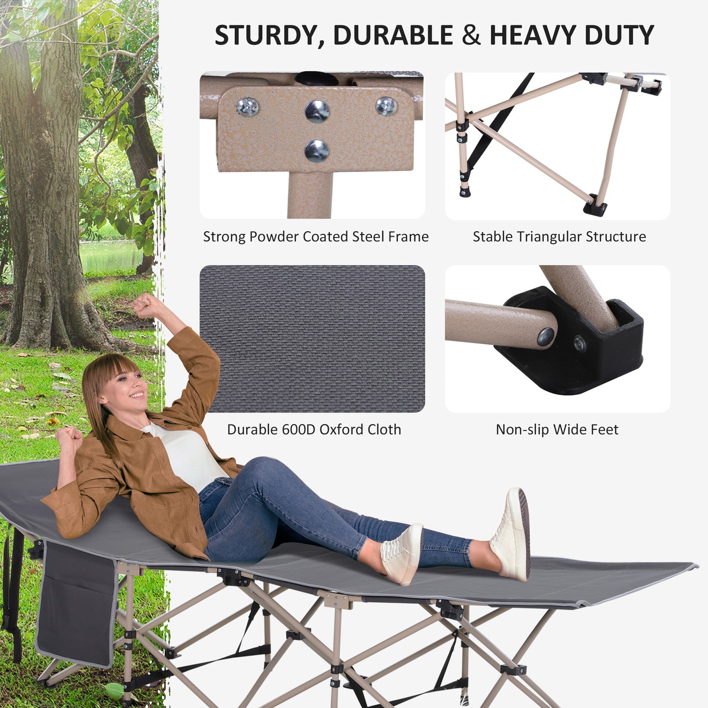 Folding Camping Cot for Adults with Carry Bag, Side Pocket, Outdoor Portable Sleeping Bed for Travel Camp Vocation, Grey