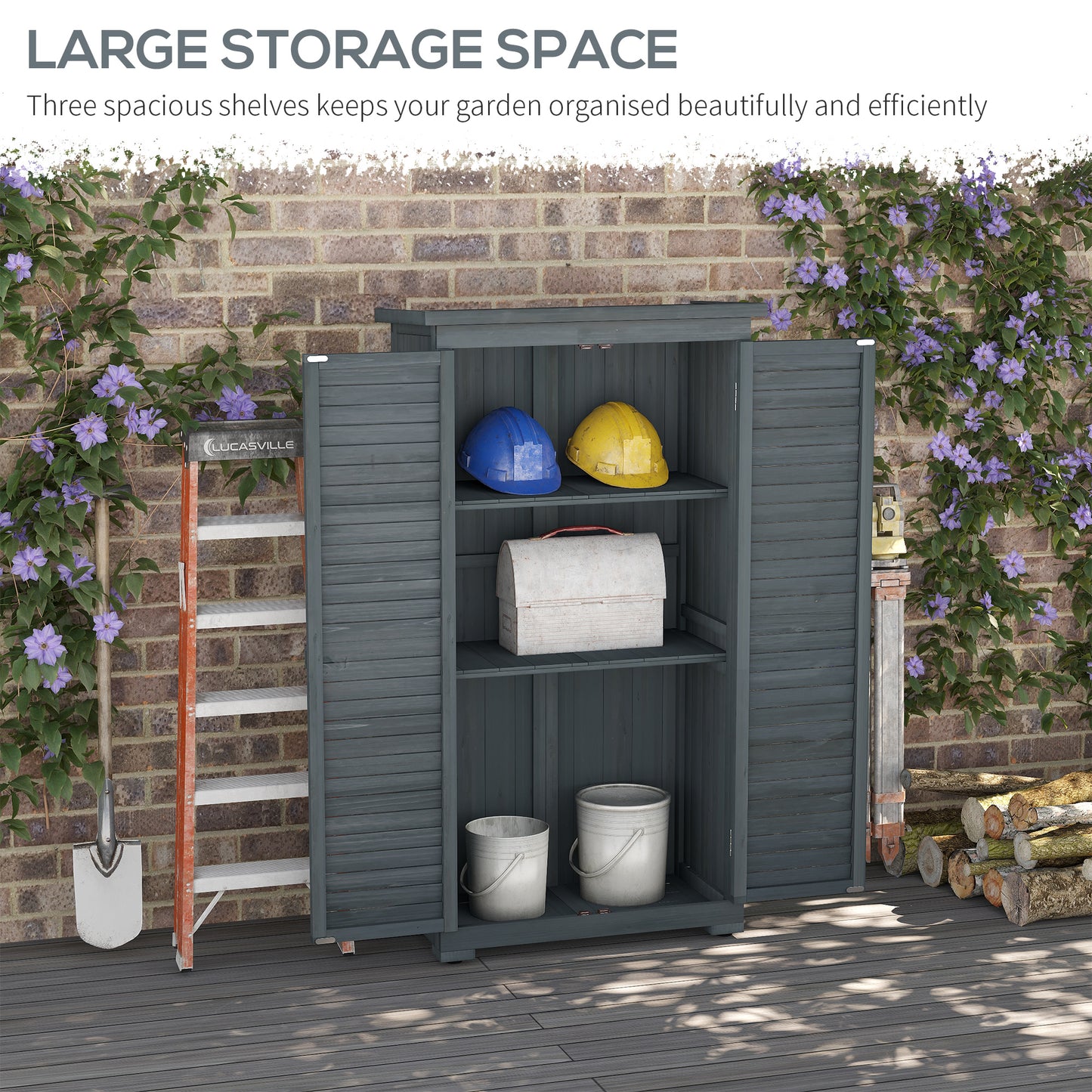 Outdoor Garden Shed, Wooden Tool Storage Shed, 3-Tier Shelves, Asphalt Roof, Shutter Doors, 34.3" x 18.3" x 63", Grey